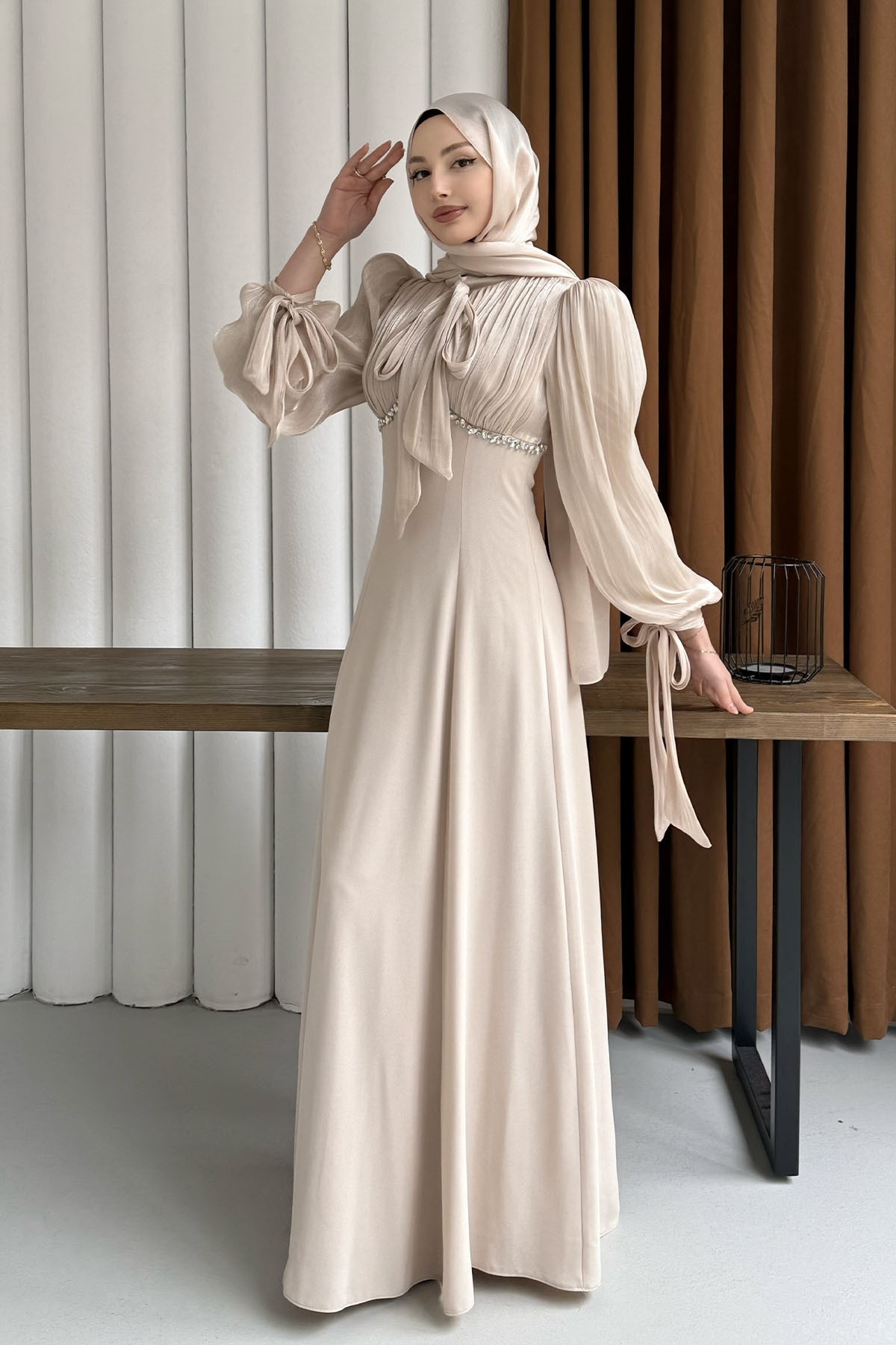 Elegance Taş Detaylı Balon Kol Tesettür Abiye-TAŞ