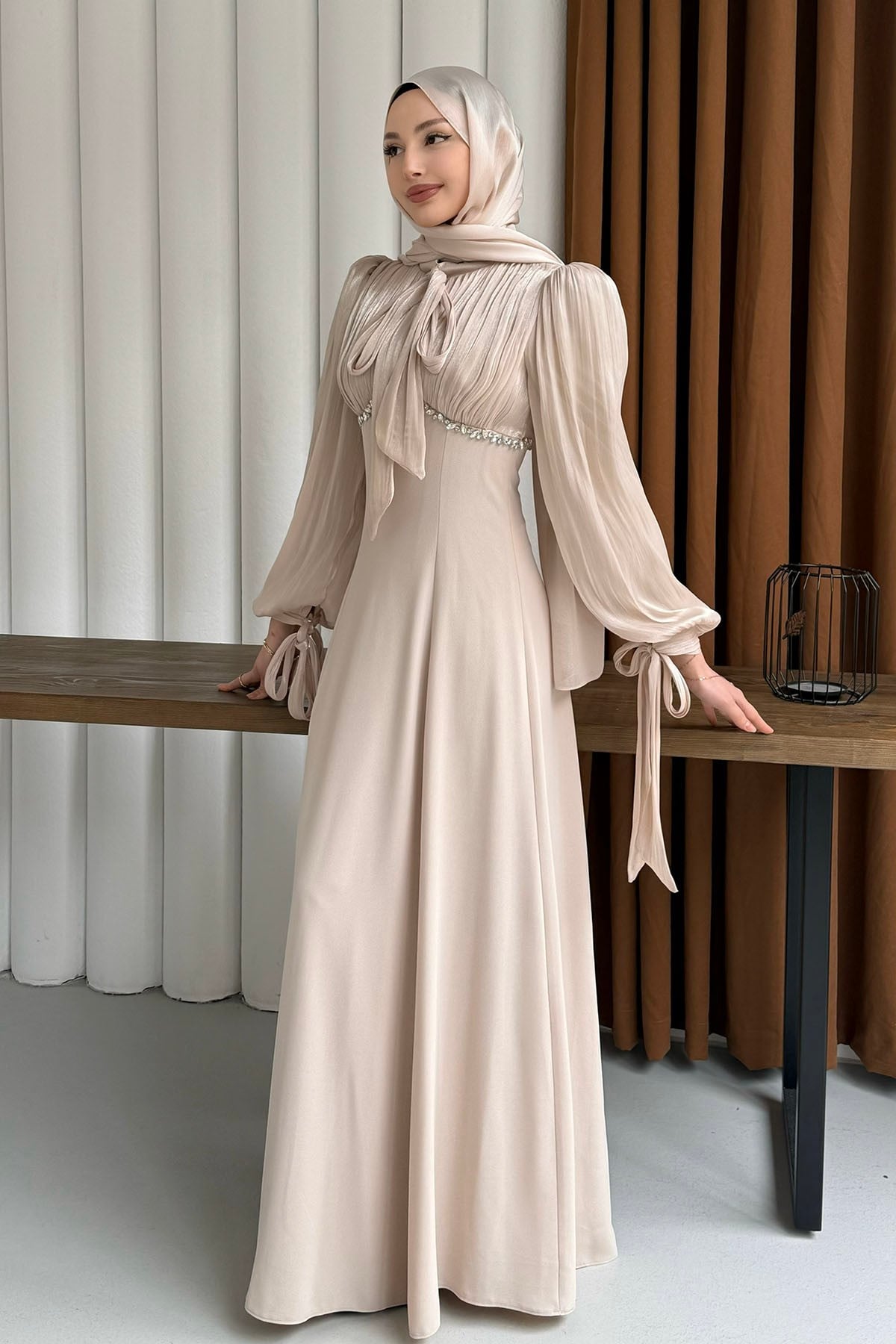 Elegance Taş Detaylı Balon Kol Tesettür Abiye-TAŞ