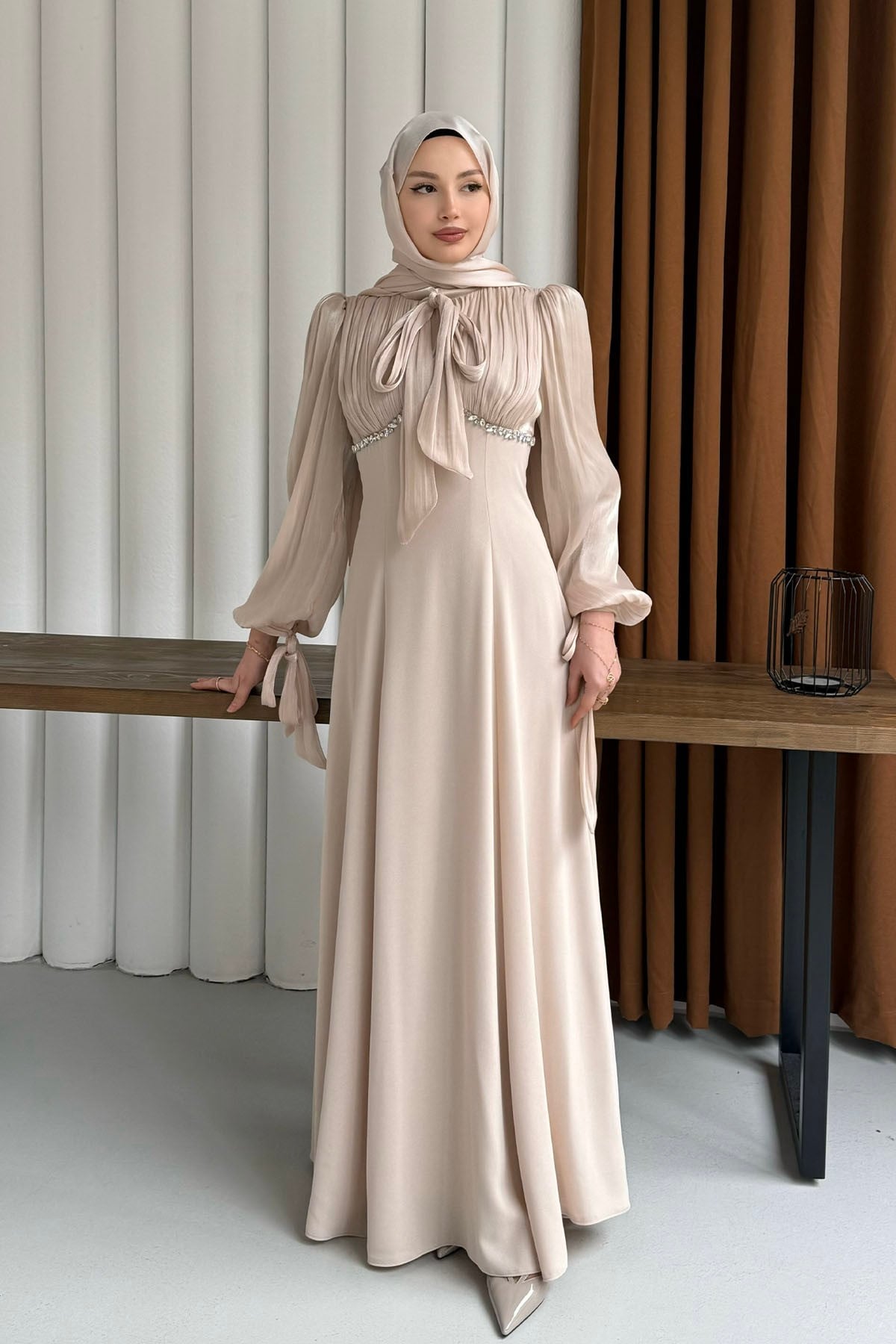 Elegance Taş Detaylı Balon Kol Tesettür Abiye-TAŞ