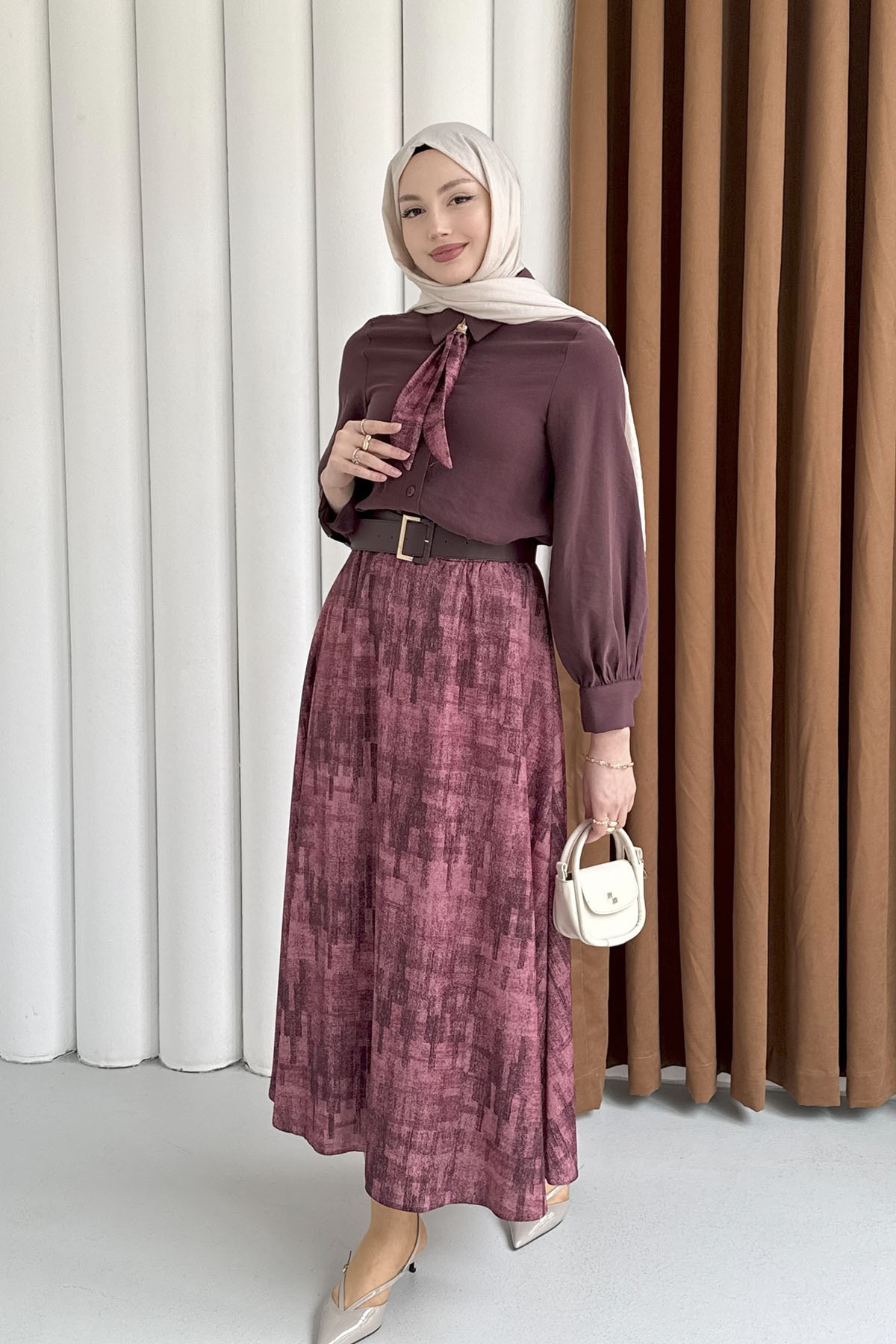 Etek Desenli Fular Yaka Tesettür Takım-BORDO