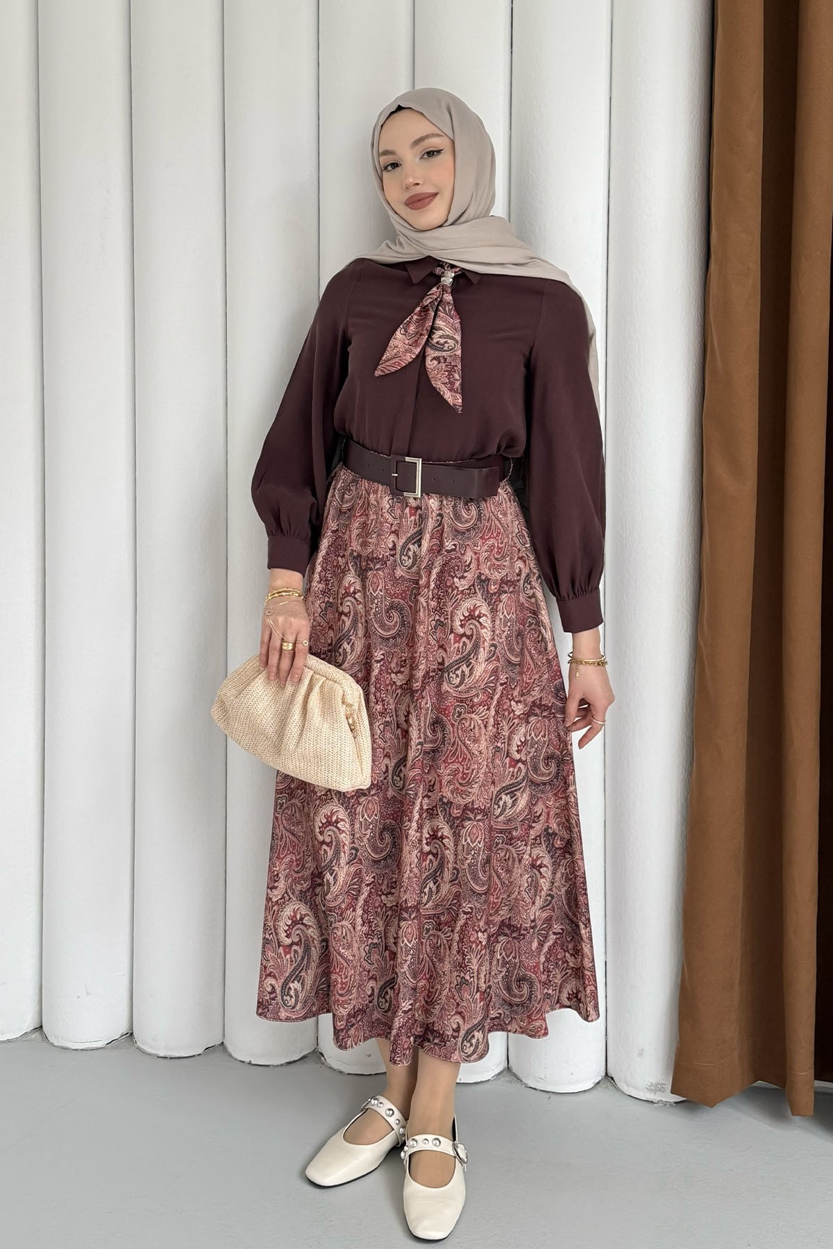 Etek Desenli Üst Fular Detaylı Tesettür Takım-BORDO