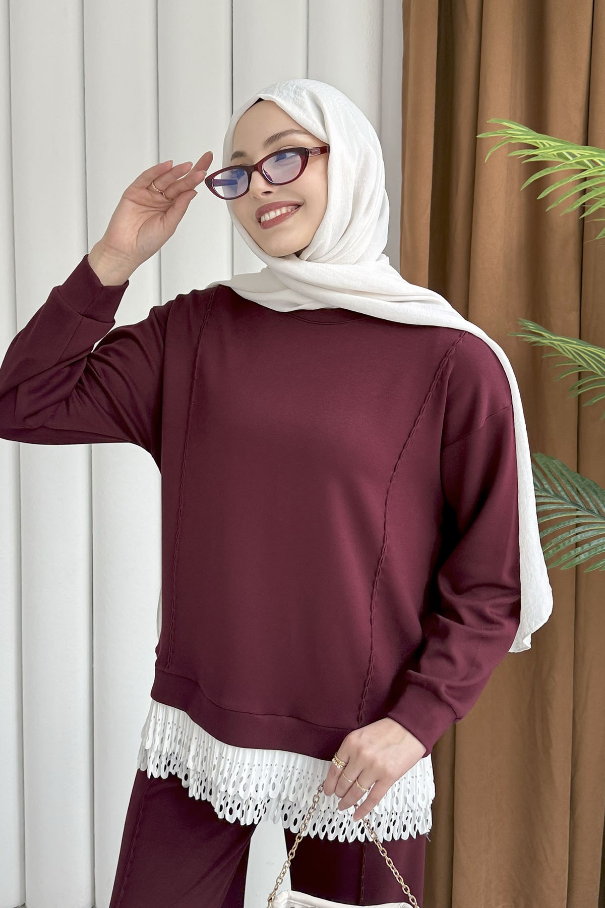 Etek Ucu Pilise Güpür Detaylı Tesettür Takım-BORDO