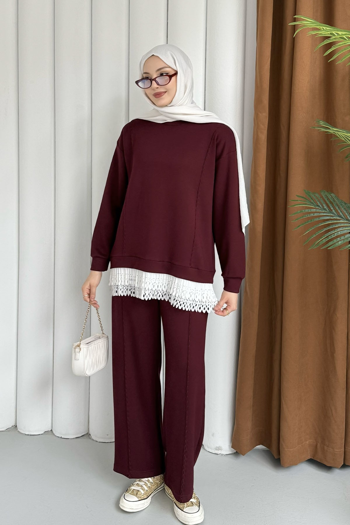 Etek Ucu Pilise Güpür Detaylı Tesettür Takım-BORDO