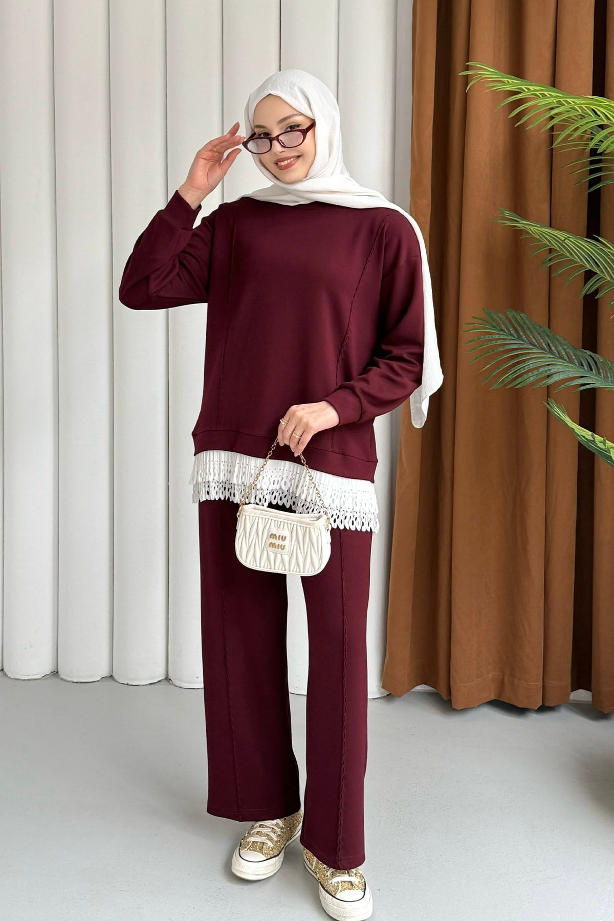 Etek Ucu Pilise Güpür Detaylı Tesettür Takım-BORDO