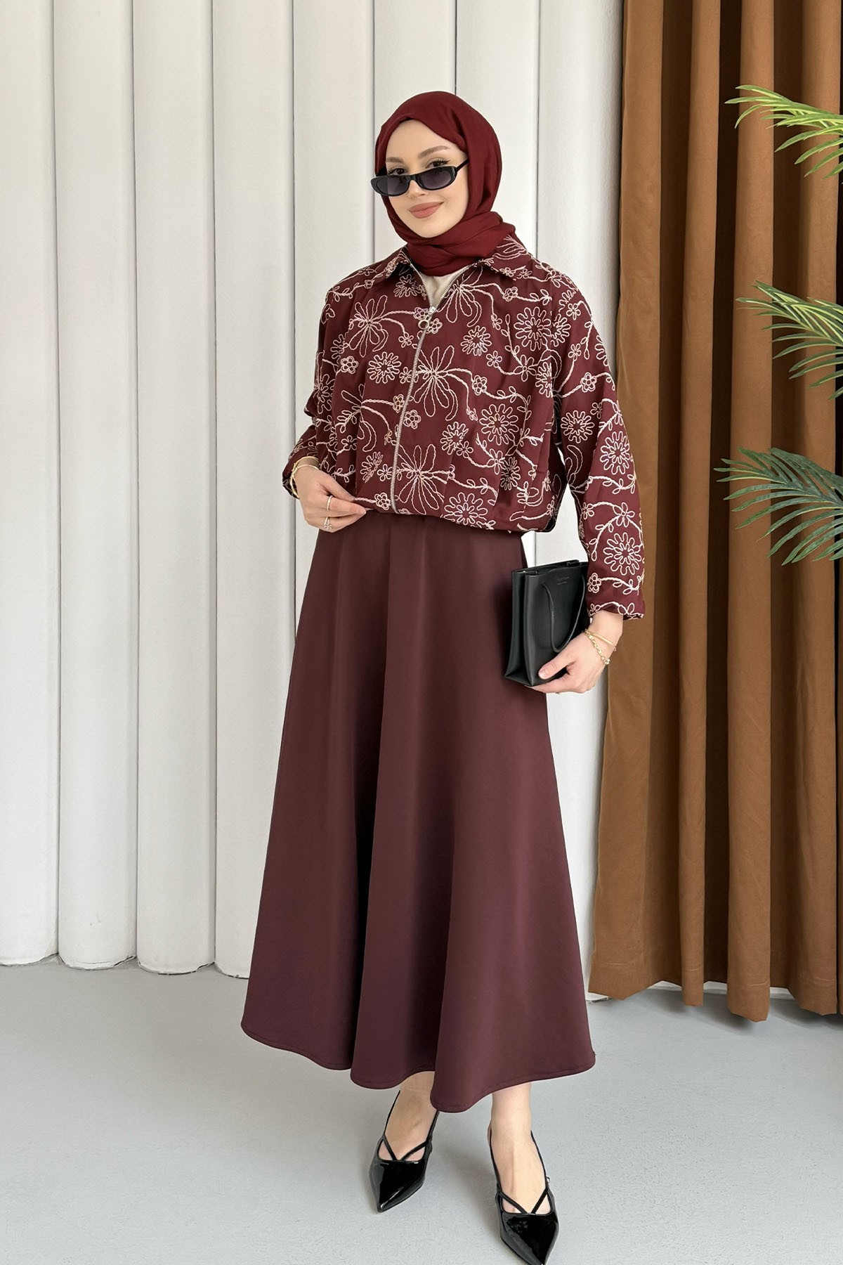 Etnik Desen Bomber Ceket-BORDO