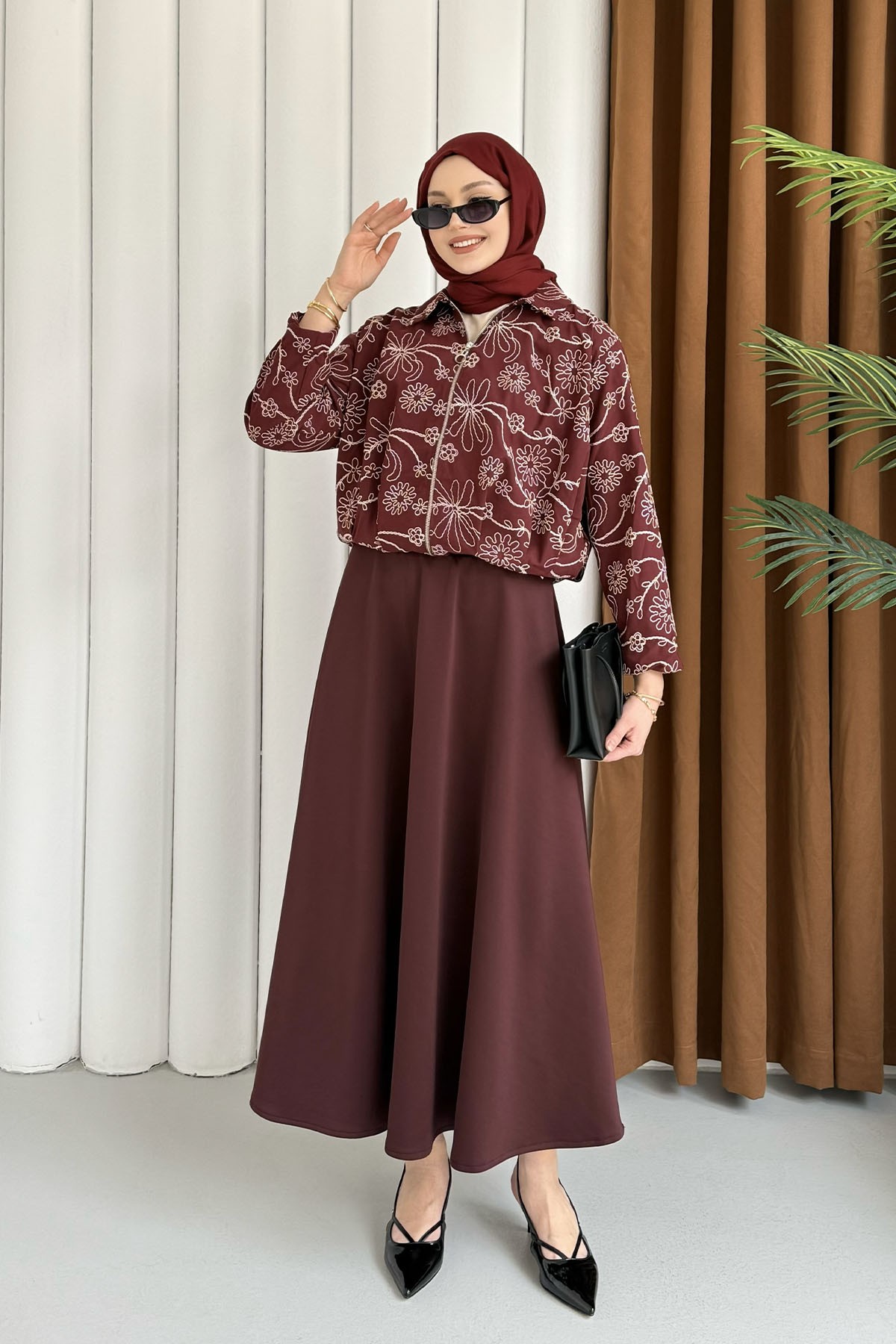 Etnik Desen Bomber Ceket-BORDO