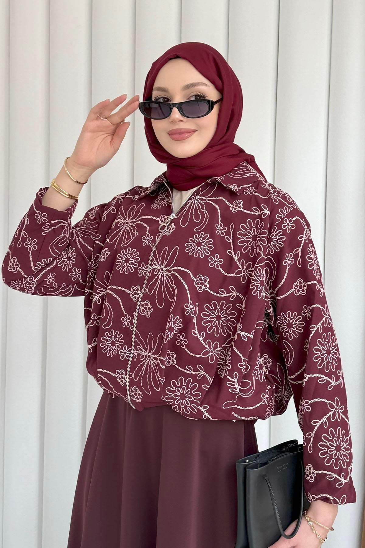 Etnik Desen Bomber Ceket-BORDO