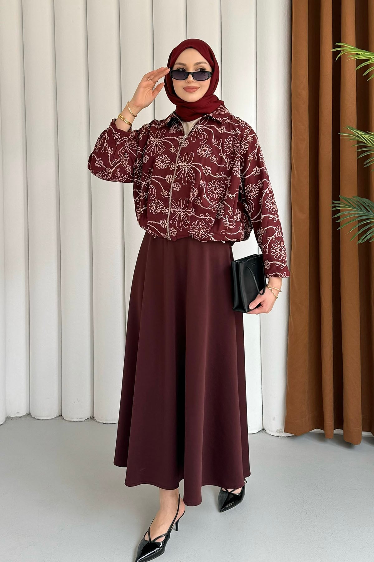 Etnik Desen Bomber Ceket-BORDO