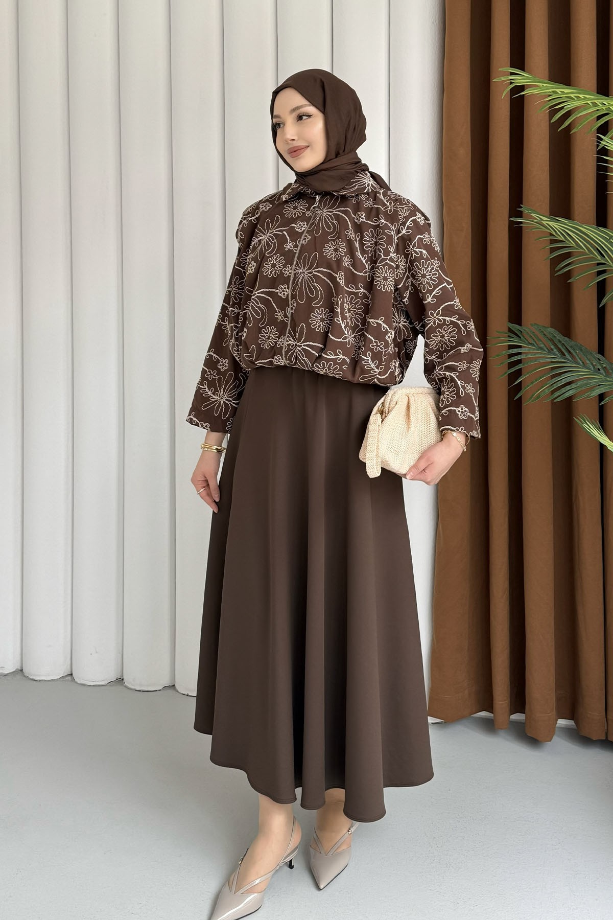 Etnik Desen Bomber Ceket-KAHVERENGİ