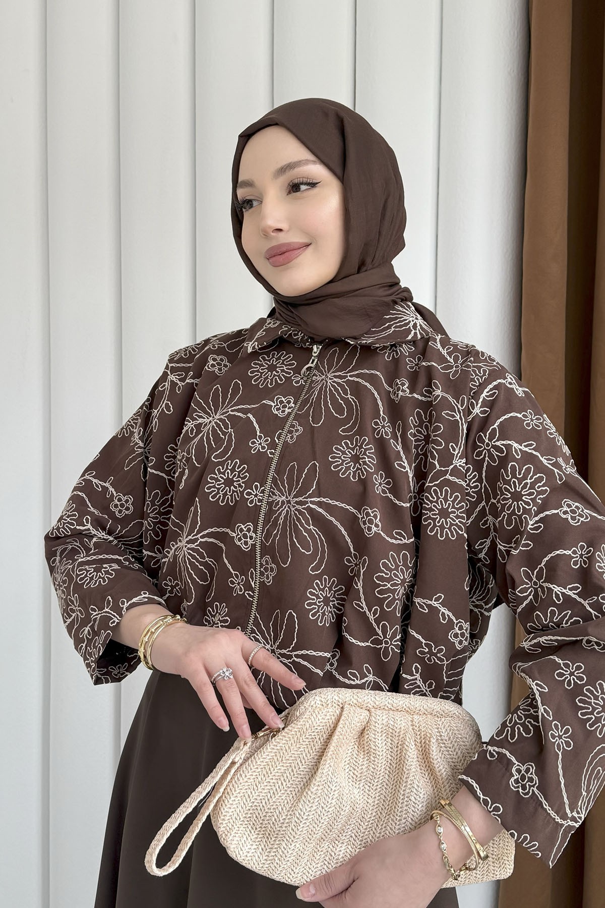 Etnik Desen Bomber Ceket-KAHVERENGİ