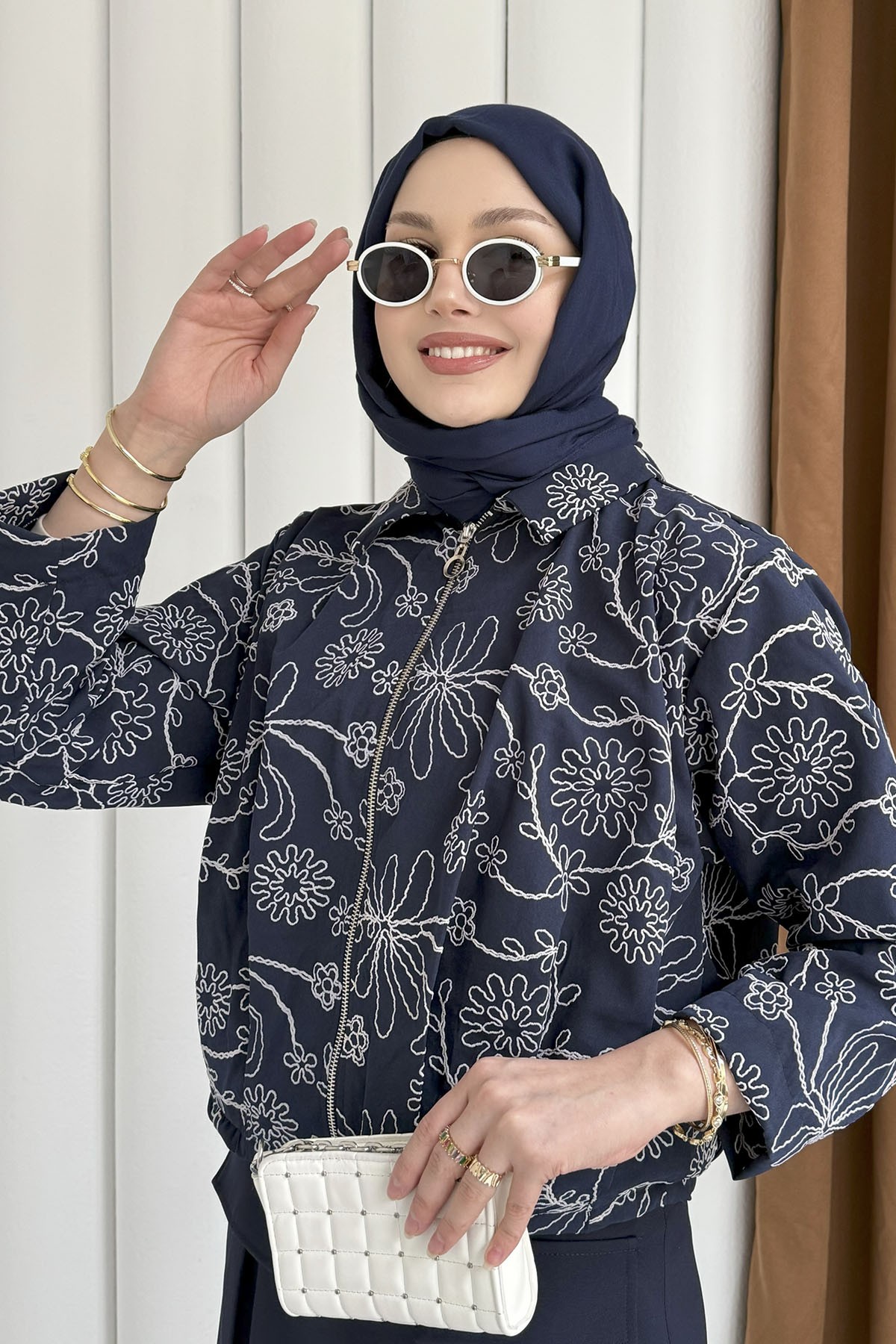 Etnik Desen Bomber Ceket-LACİVERT