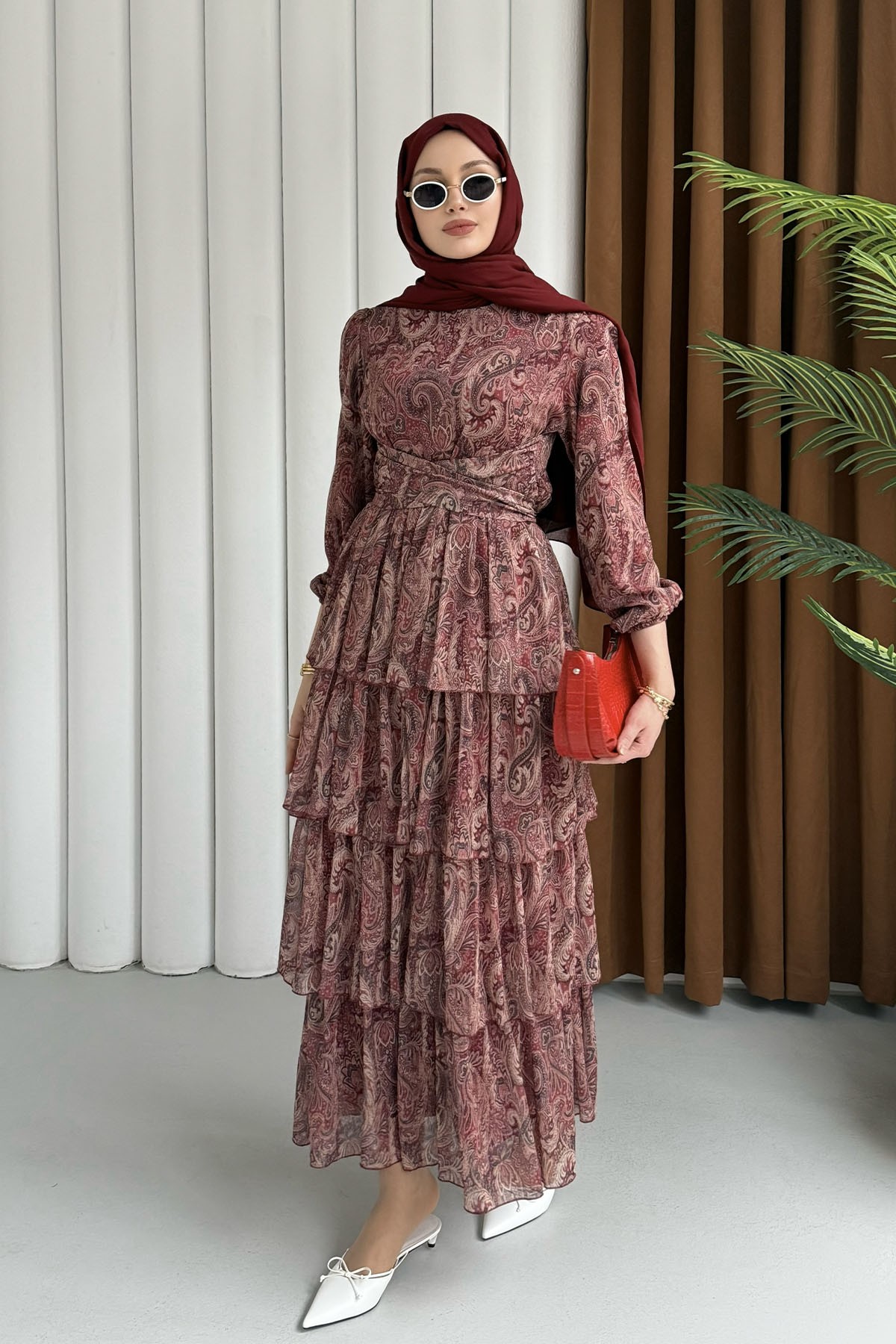 Etnik Desen Şifon Tesettür Elbise-BORDO