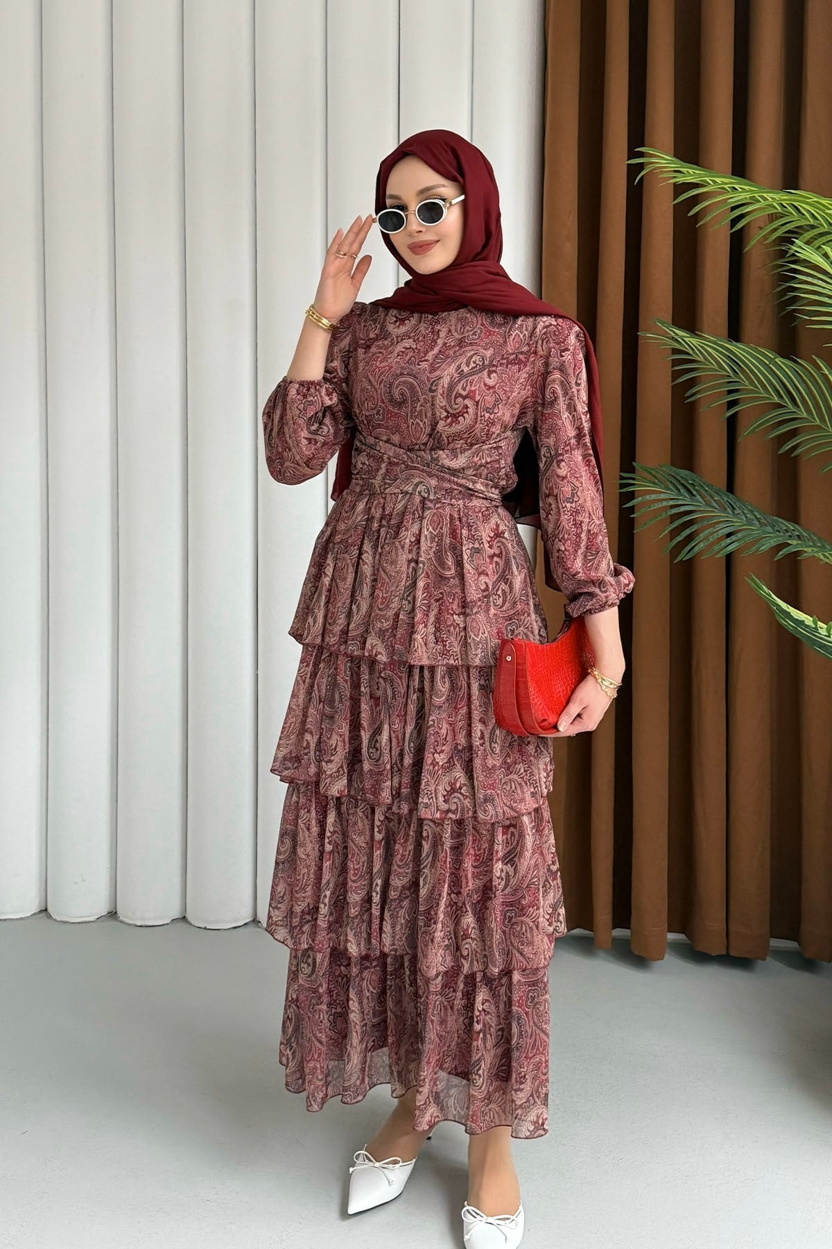 Etnik Desen Şifon Tesettür Elbise-BORDO