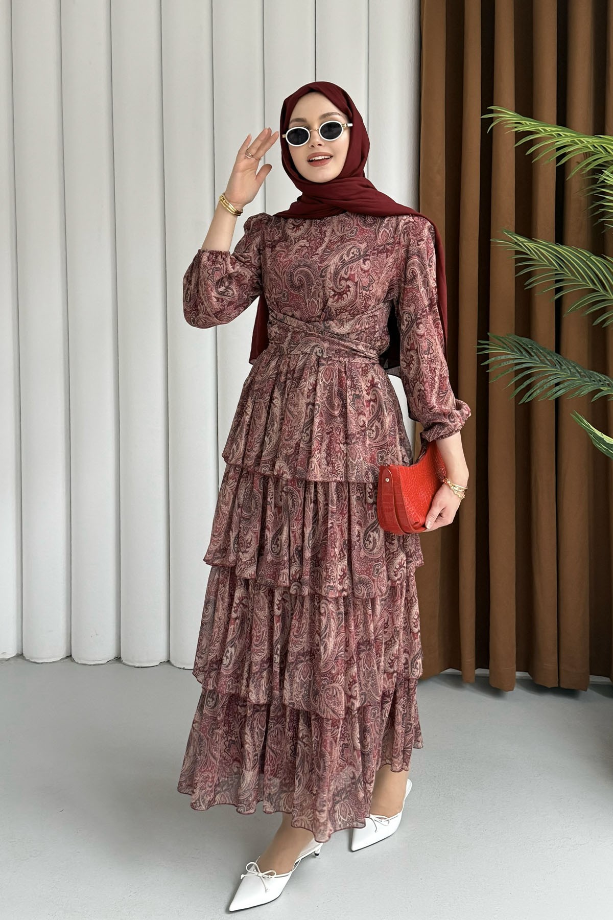 Etnik Desen Şifon Tesettür Elbise-BORDO