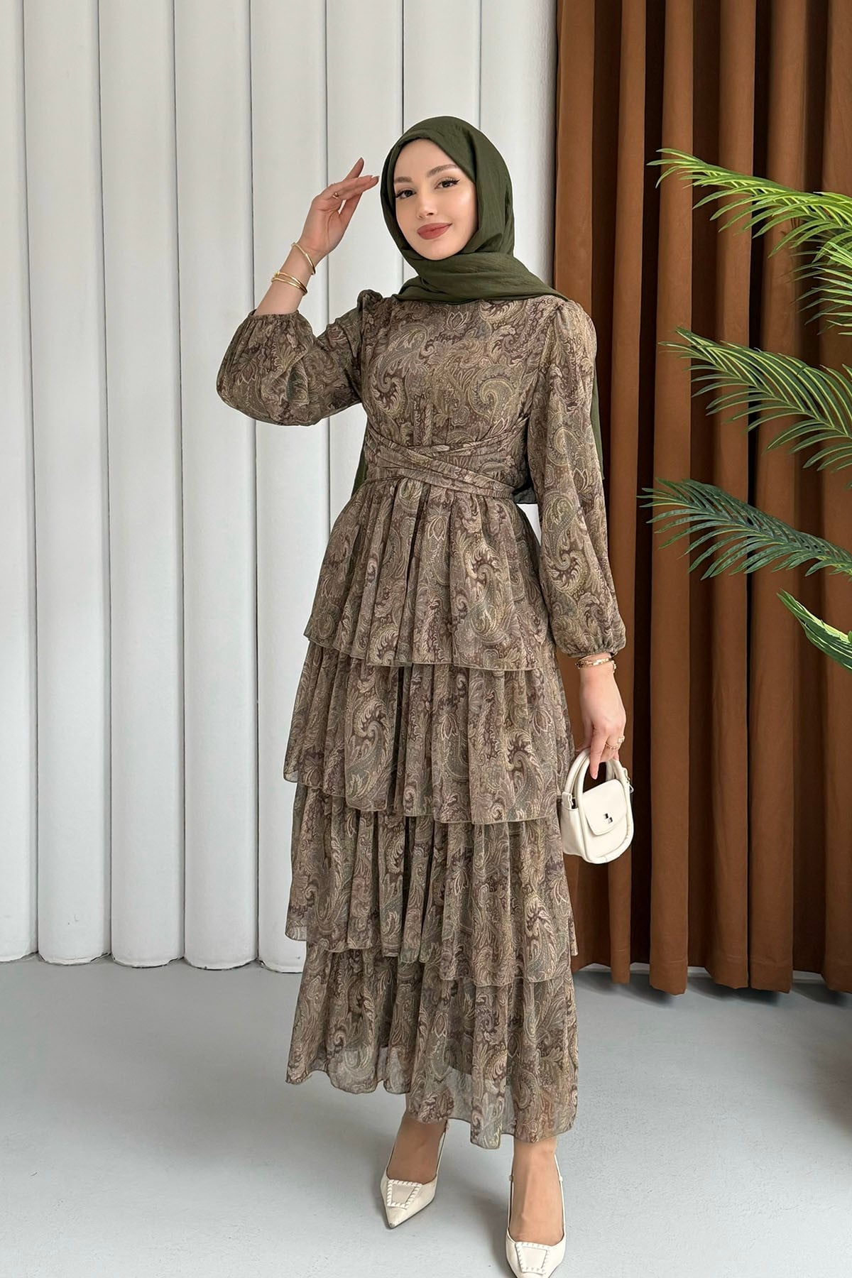 Etnik Desen Şifon Tesettür Elbise-HAKİ YEŞİL