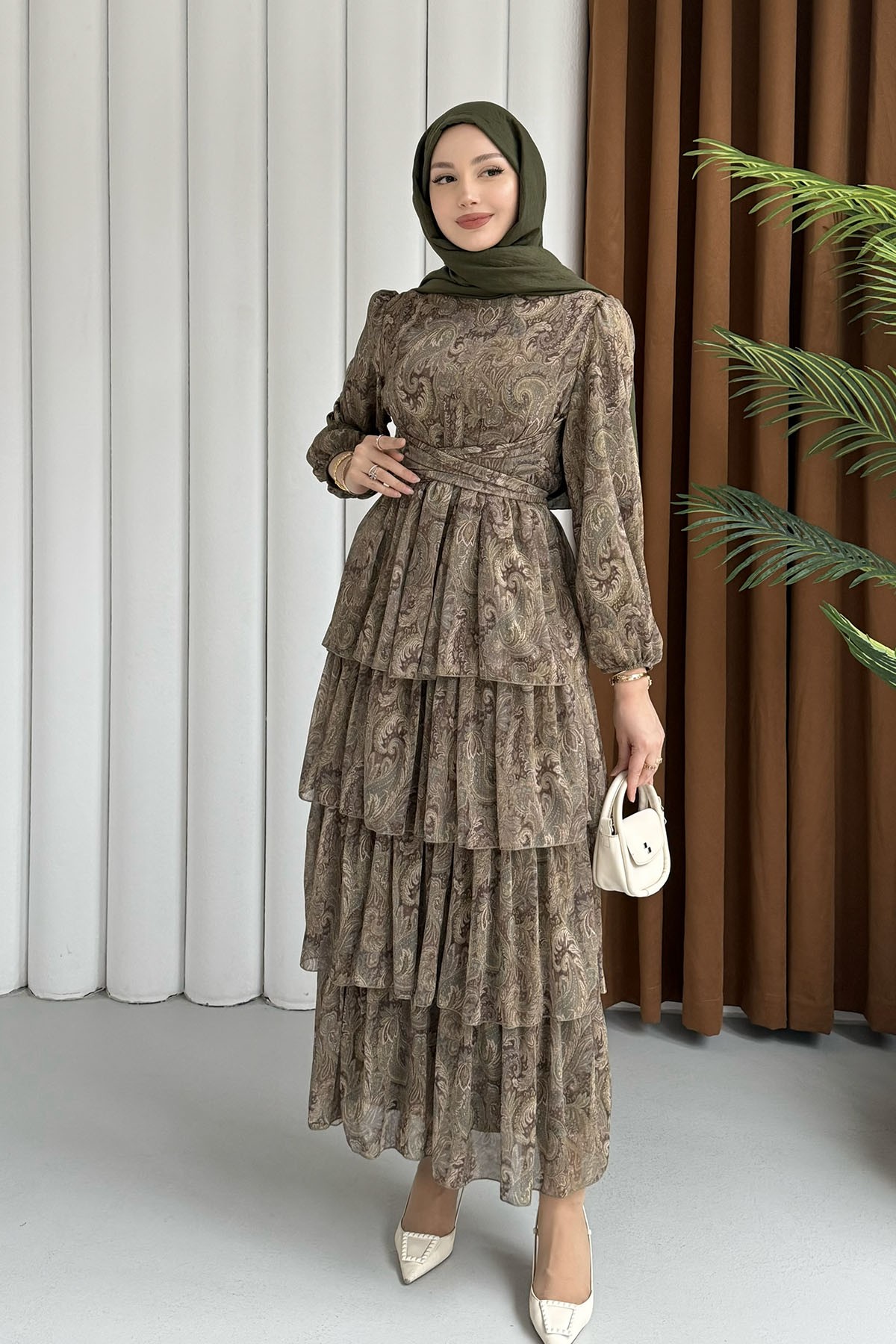 Etnik Desen Şifon Tesettür Elbise-HAKİ YEŞİL