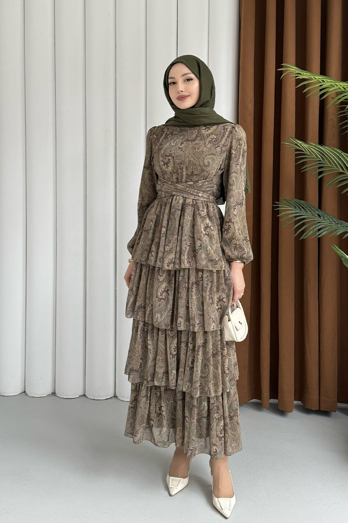 Etnik Desen Şifon Tesettür Elbise-HAKİ YEŞİL