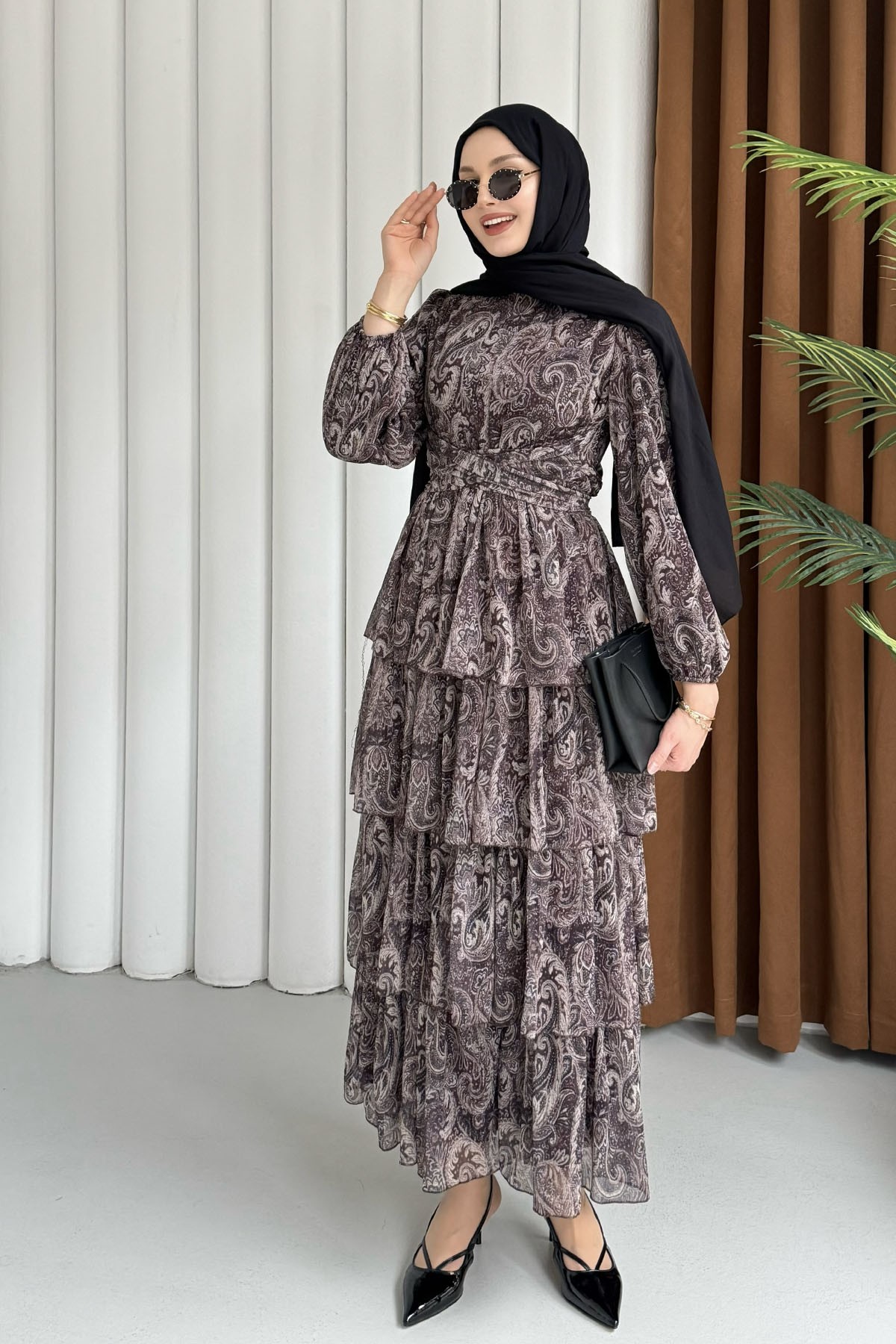 Etnik Desen Şifon Tesettür Elbise-KAHVERENGİ
