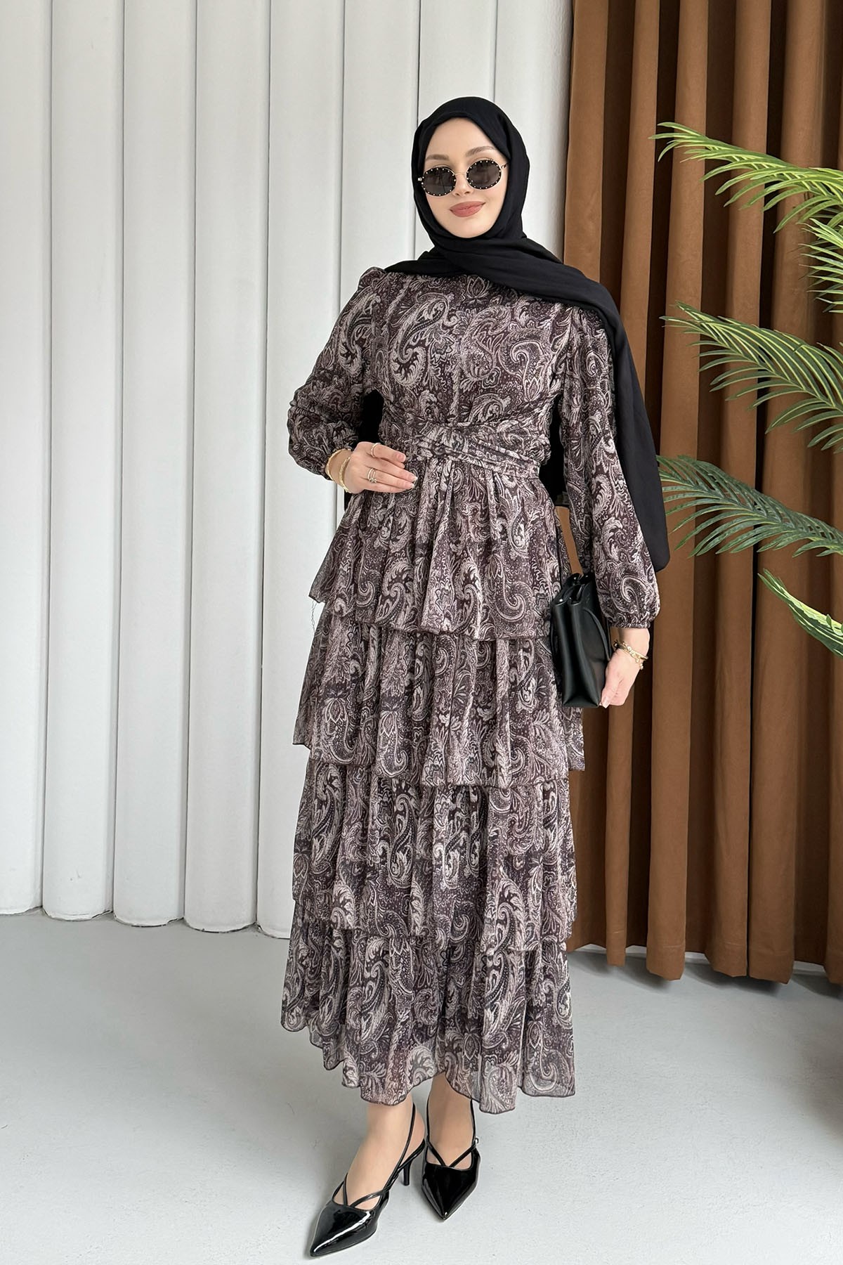 Etnik Desen Şifon Tesettür Elbise-KAHVERENGİ