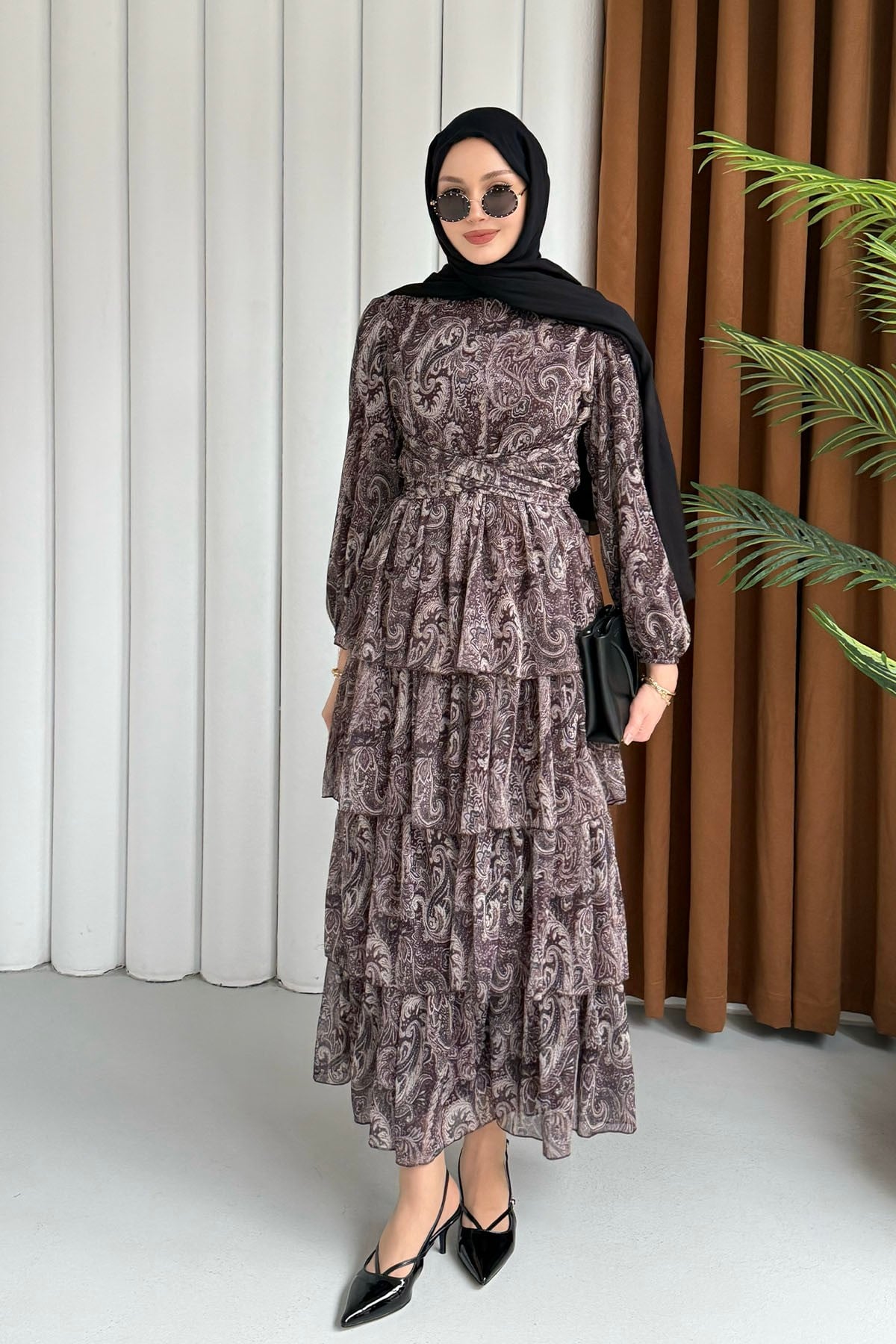 Etnik Desen Şifon Tesettür Elbise-KAHVERENGİ