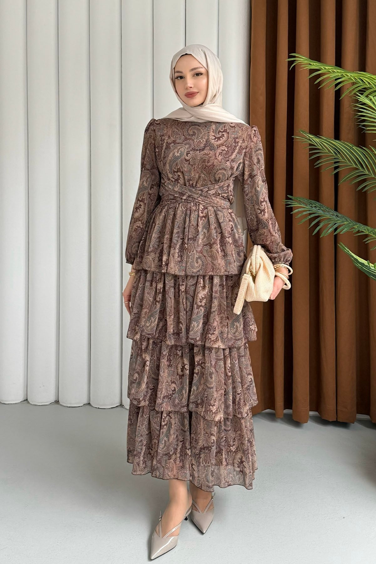 Etnik Desen Şifon Tesettür Elbise-TAŞ