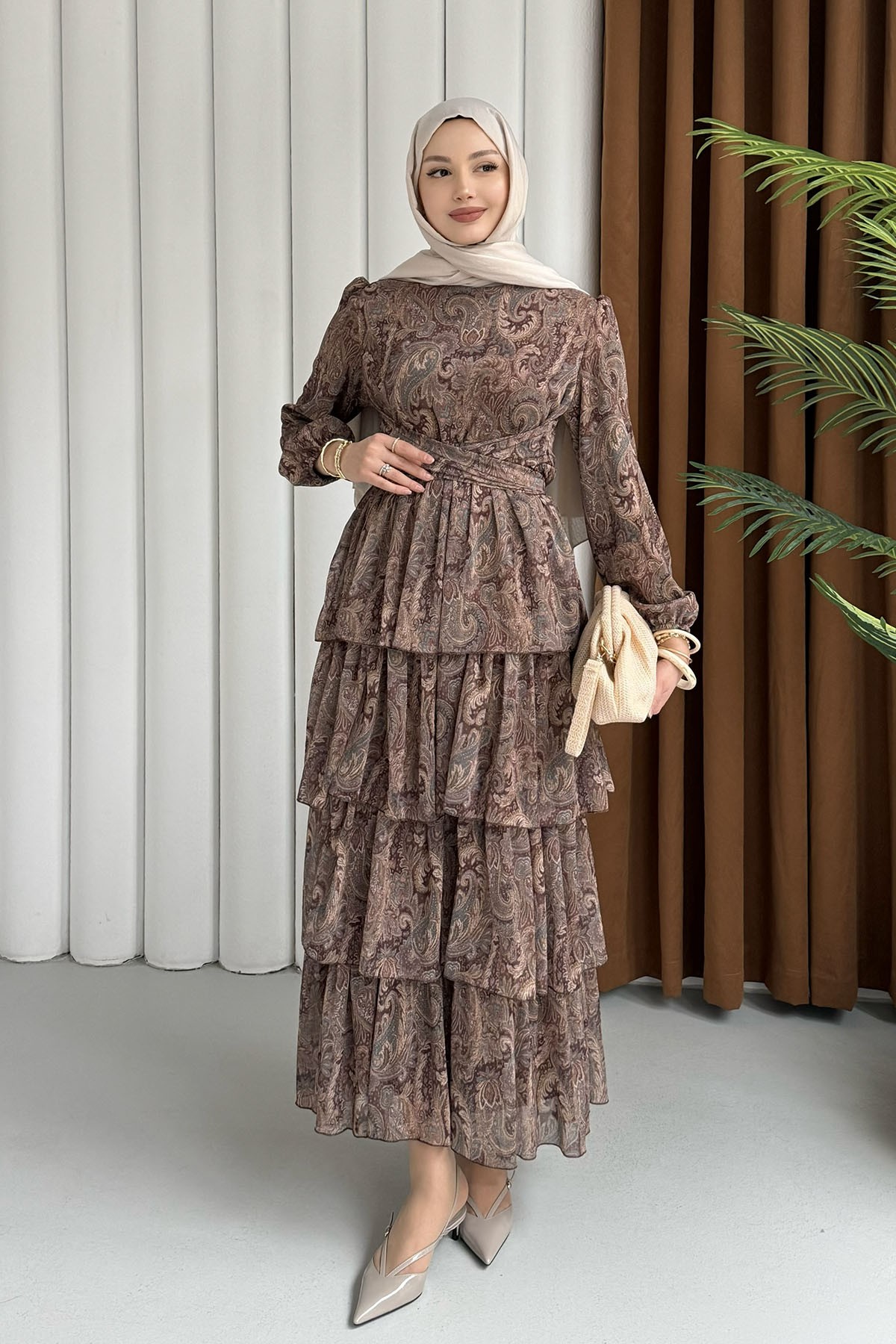 Etnik Desen Şifon Tesettür Elbise-TAŞ