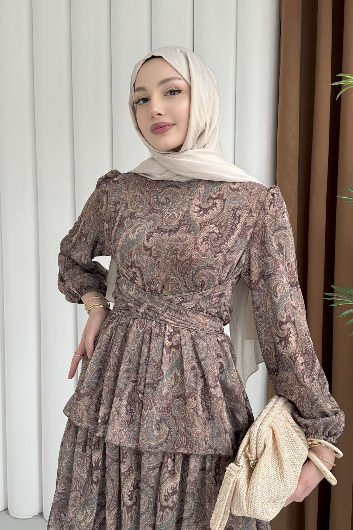 Etnik Desen Şifon Tesettür Elbise-TAŞ