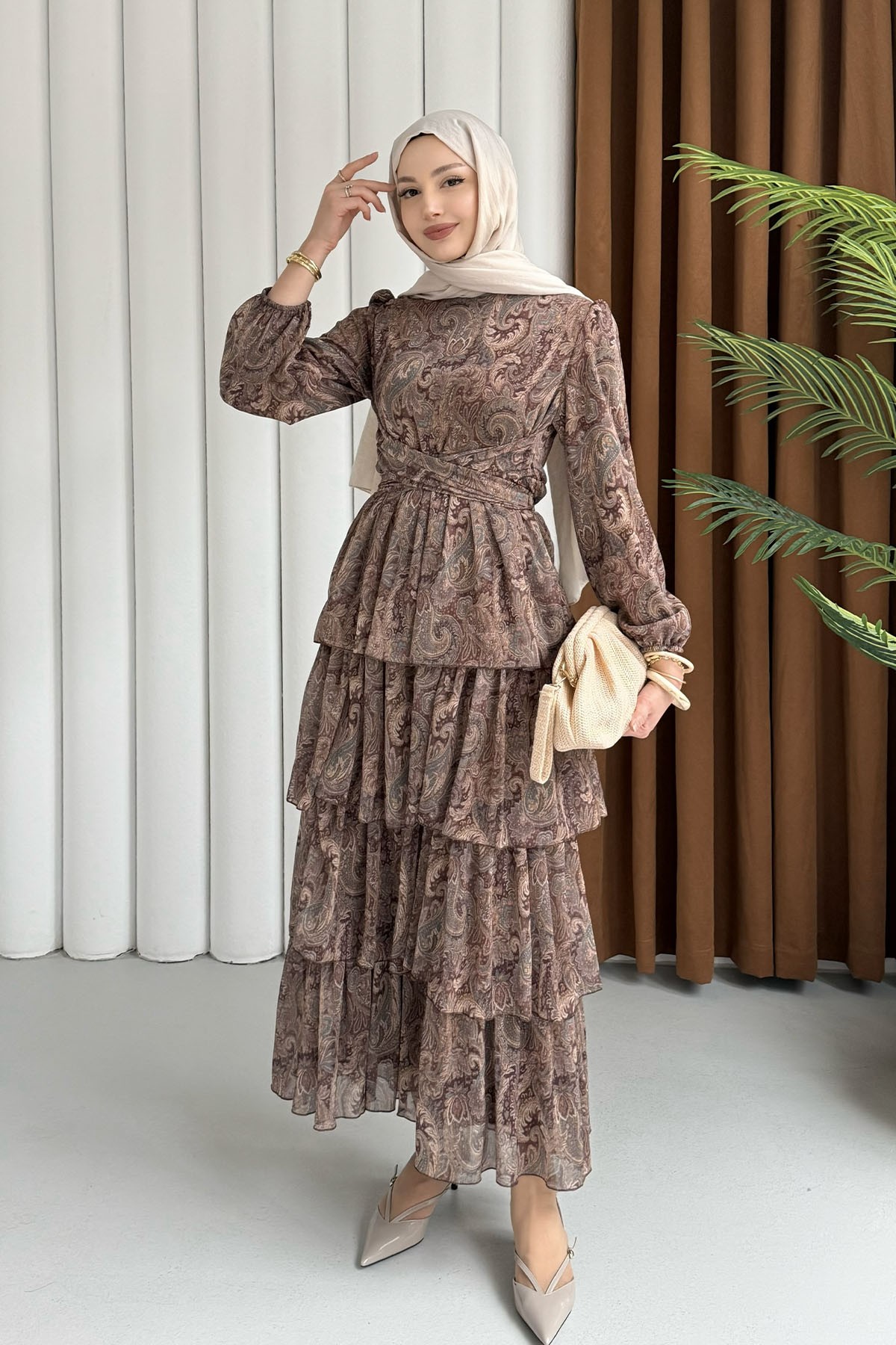 Etnik Desen Şifon Tesettür Elbise-TAŞ