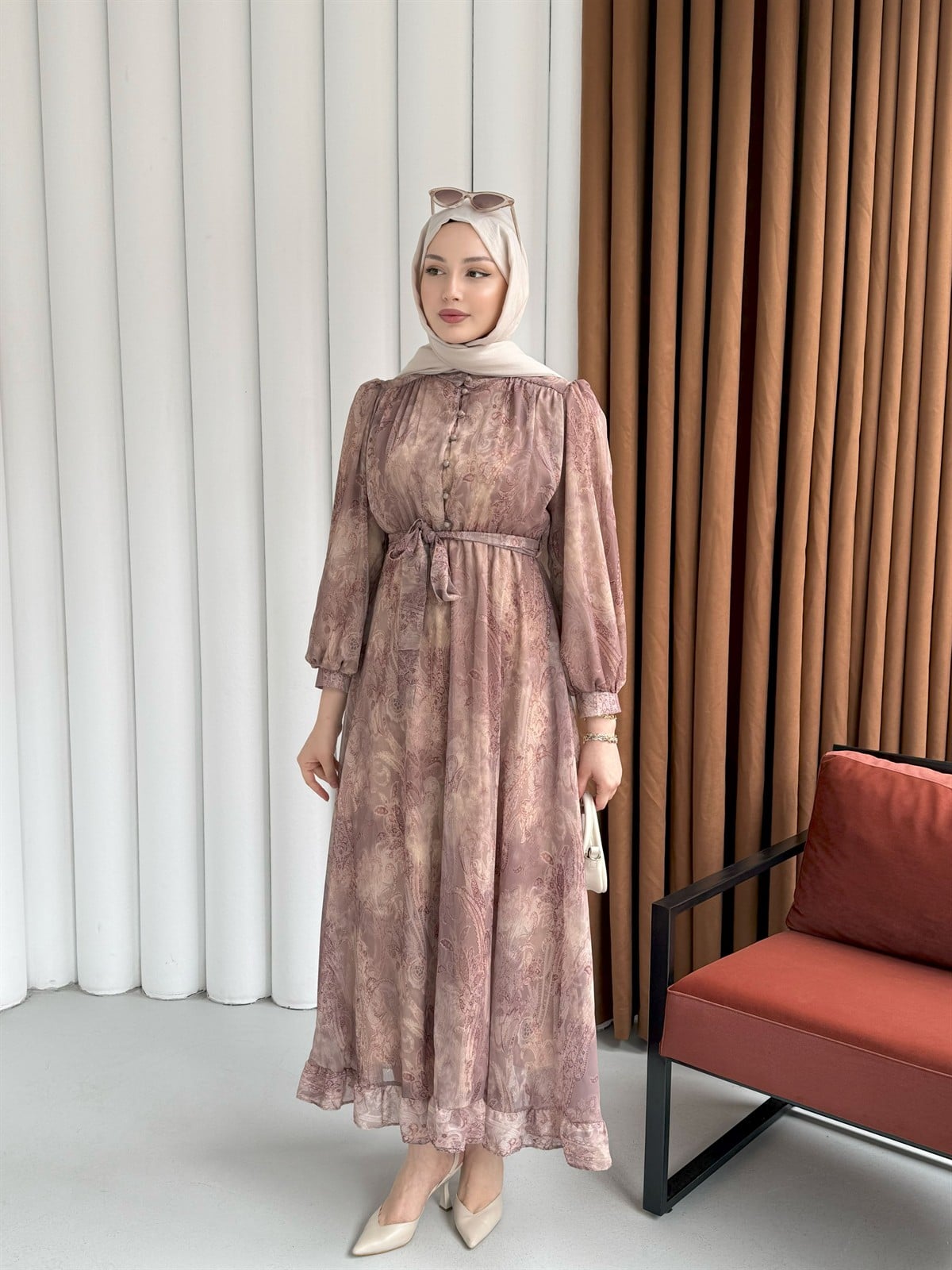 Etnik Desen Yarım Düğme Detay Tesettür Elbise-VİZON