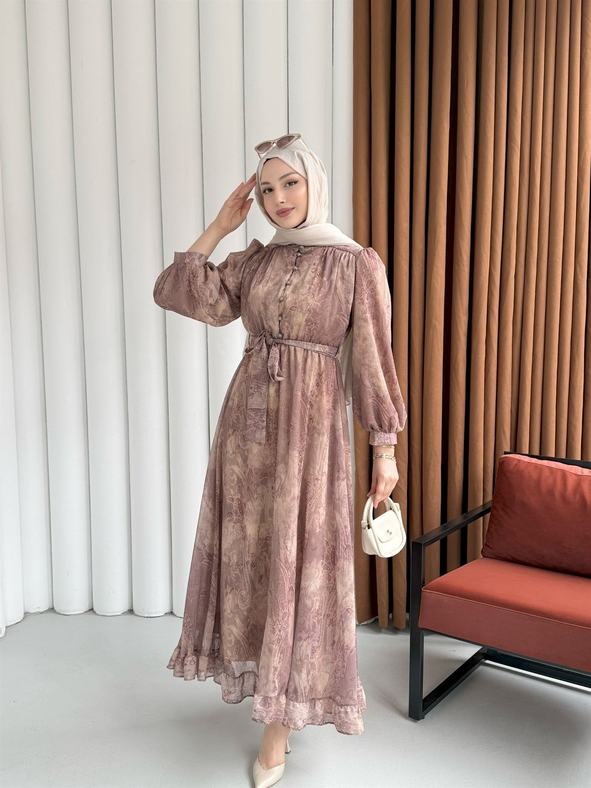 Etnik Desen Yarım Düğme Detay Tesettür Elbise-VİZON