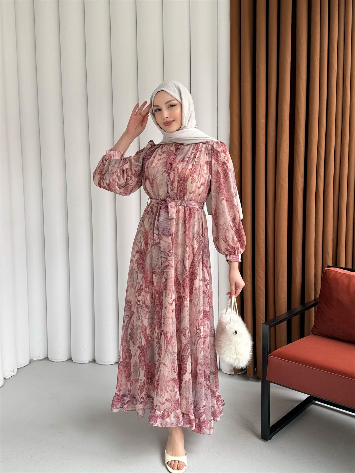 Etnik Desen Yarım Düğme Detay Tesettür Elbise-GÜL KURUSU