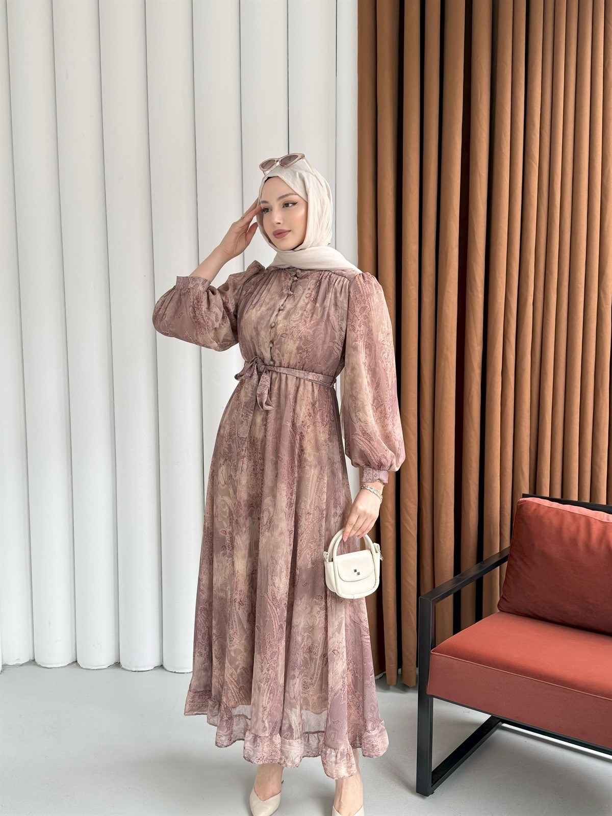 Etnik Desen Yarım Düğme Detay Tesettür Elbise-VİZON