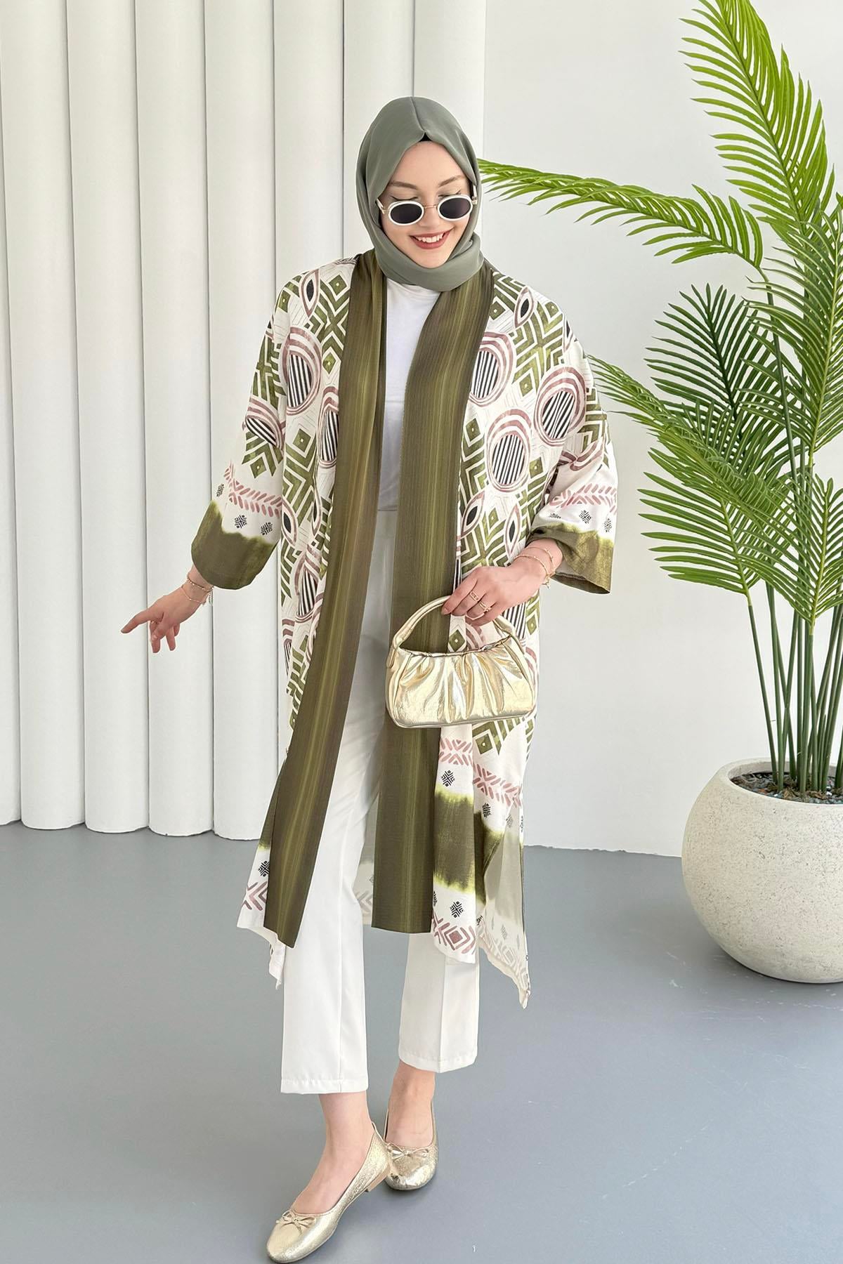 Etnik Desenli Kimono-OLİVE