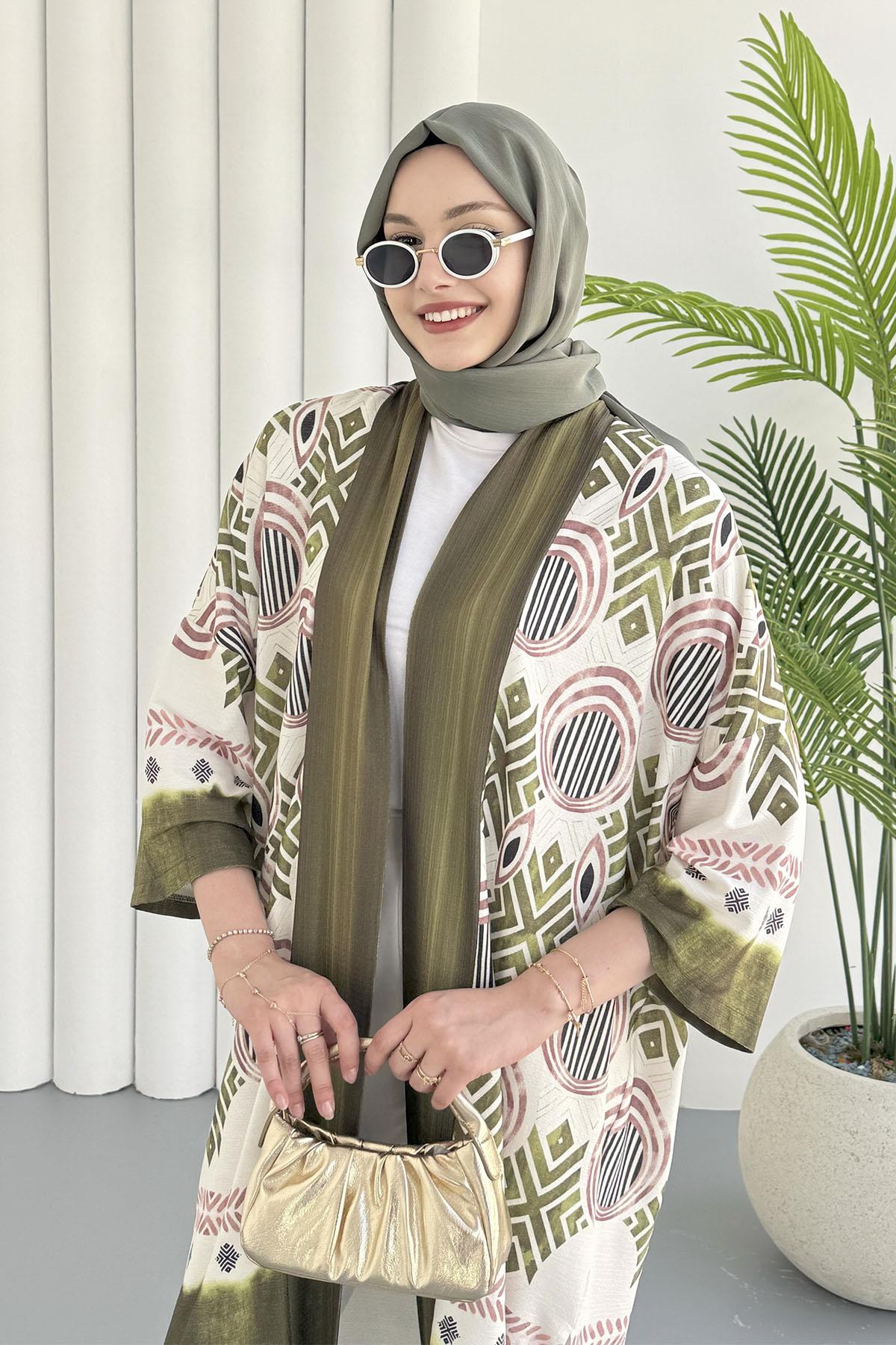Etnik Desenli Kimono-OLİVE