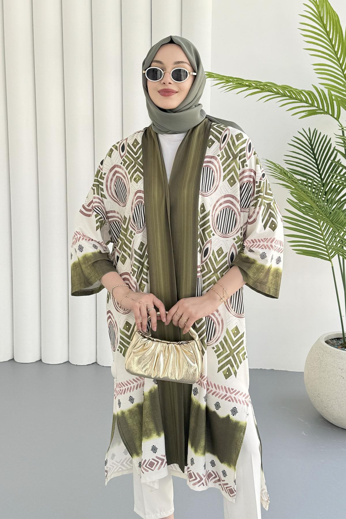 Etnik Desenli Kimono-OLİVE