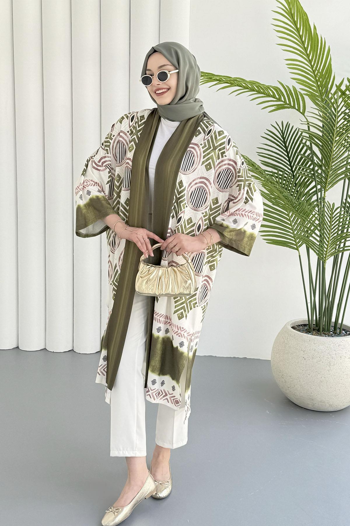 Etnik Desenli Kimono-OLİVE