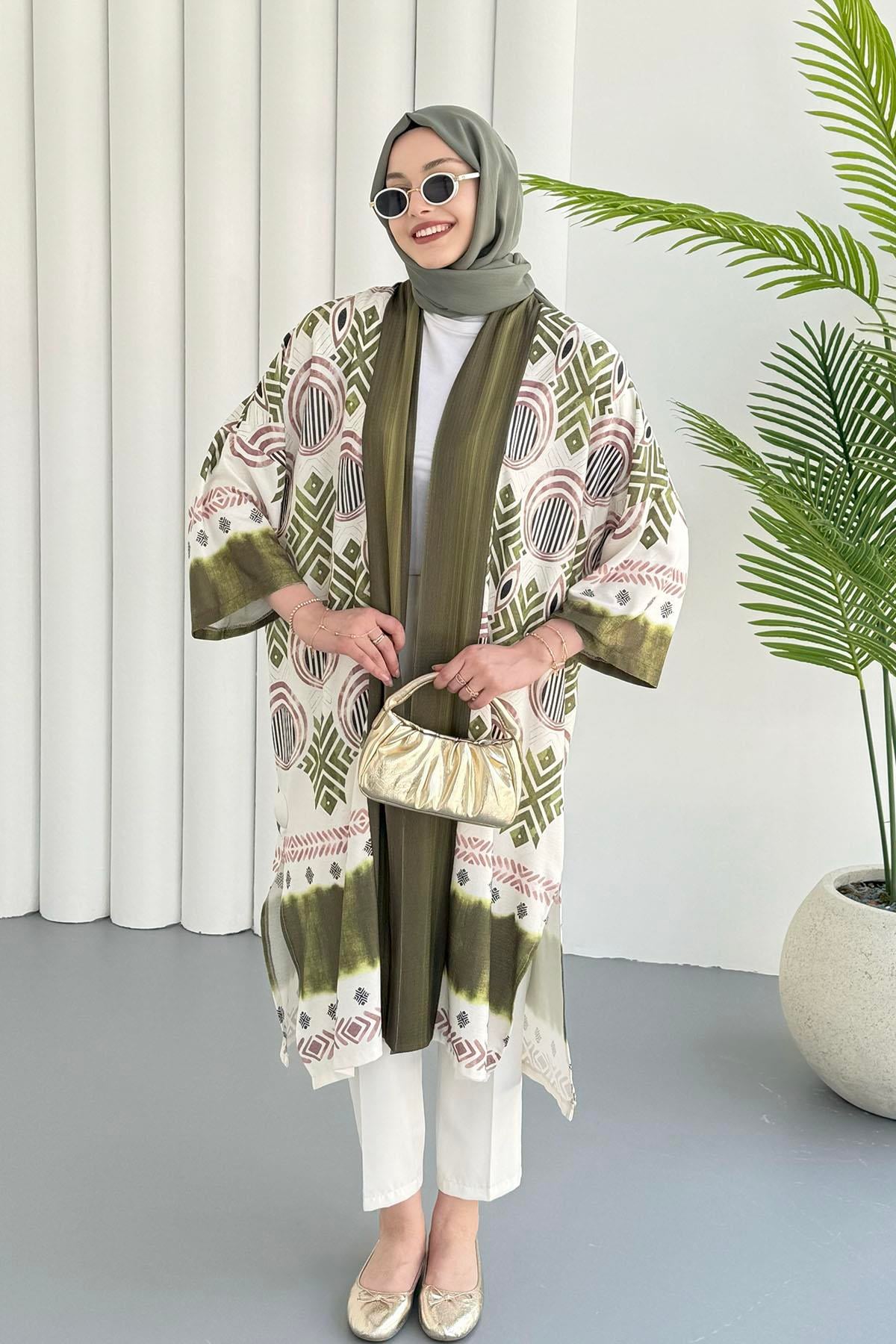 Etnik Desenli Kimono-OLİVE