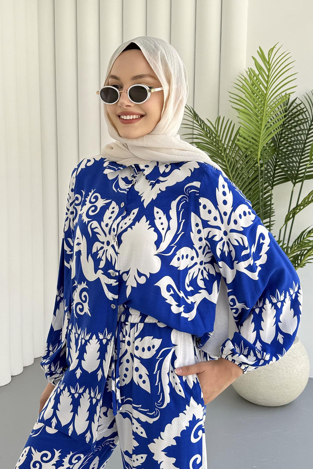 Etnik Desenli Viskon Kumaş Tesettür Takım-MAVİ