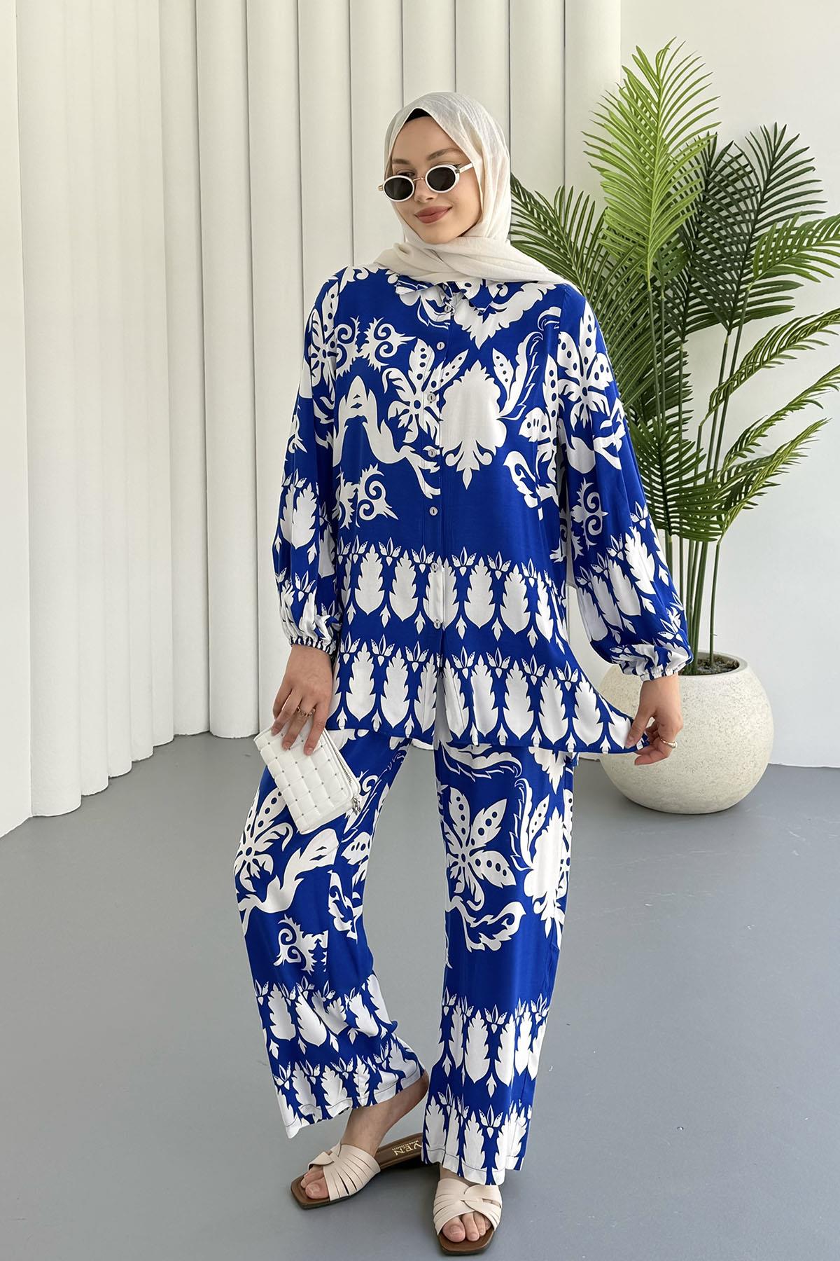 Etnik Desenli Viskon Kumaş Tesettür Takım-MAVİ