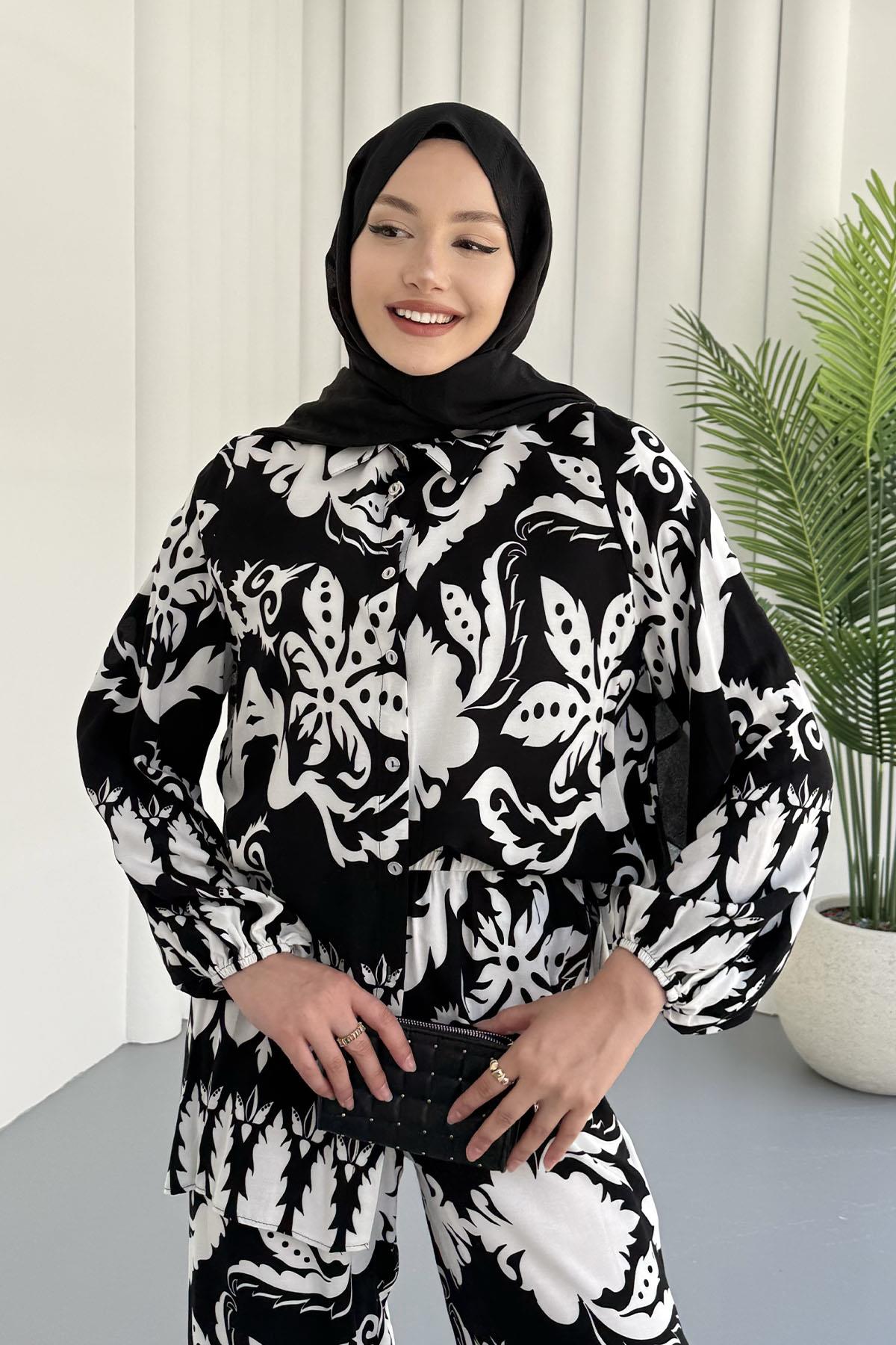 Etnik Desenli Viskon Kumaş Tesettür Takım-SİYAH