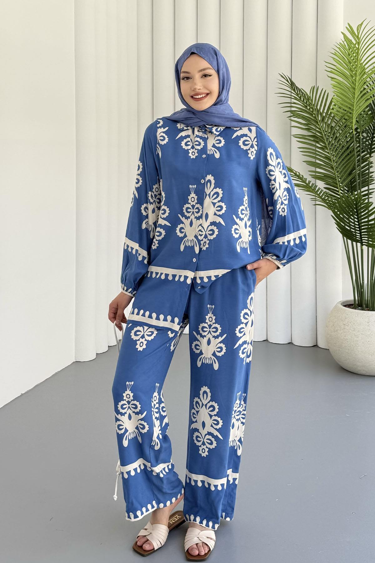 Etnik Desenli  Viskon Kumaş Tesettür Takım-MAVİ
