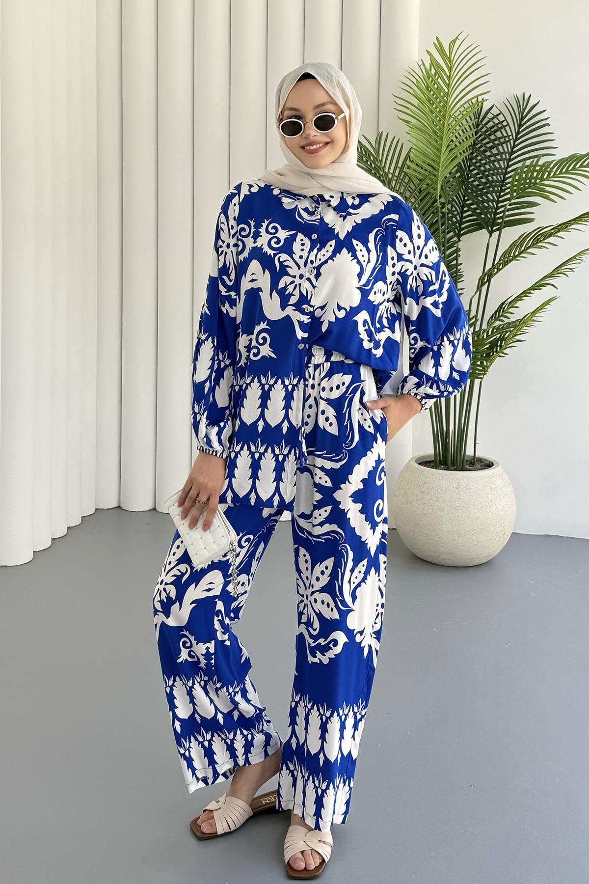 Etnik Desenli Viskon Kumaş Tesettür Takım-MAVİ