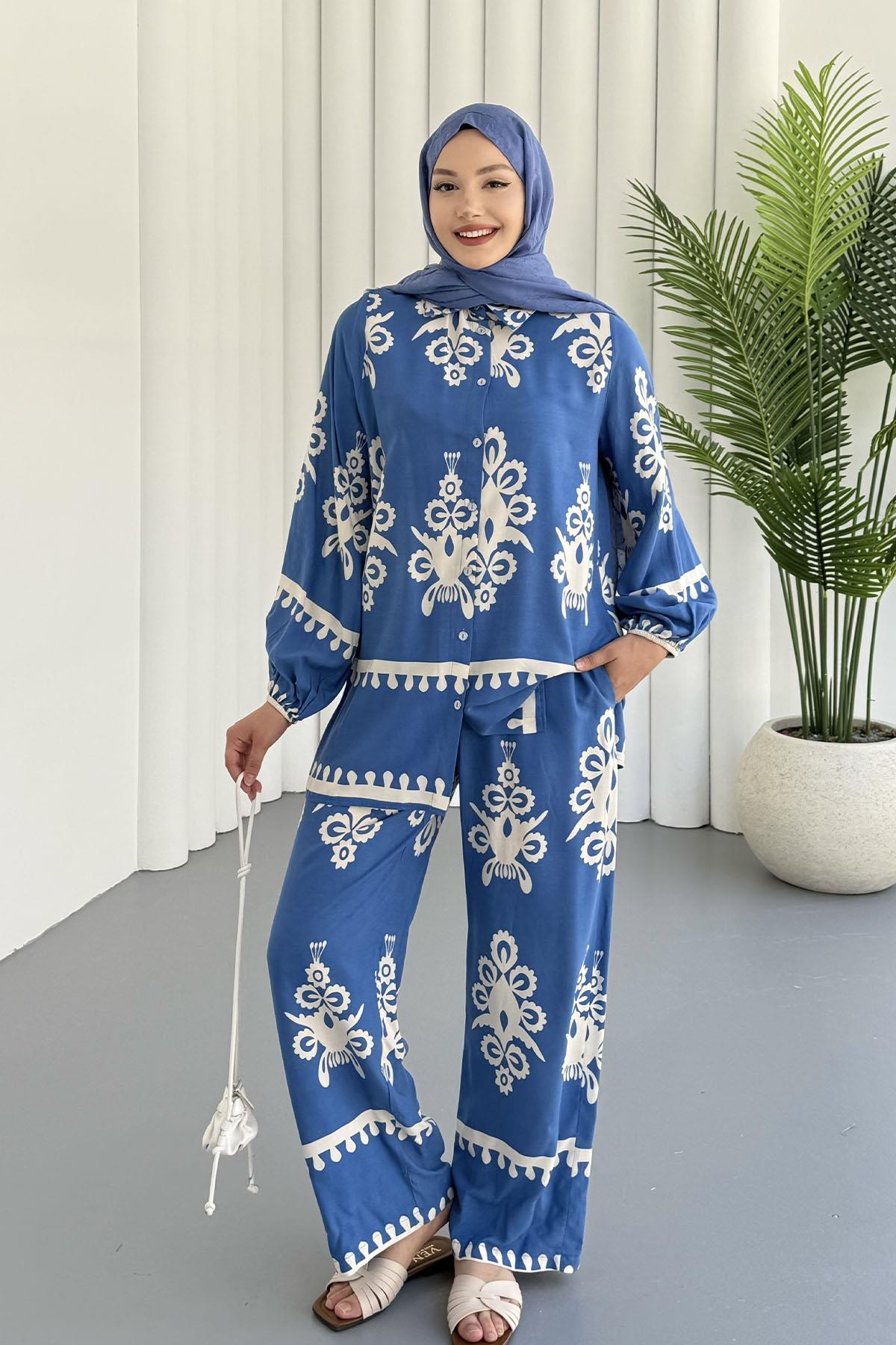 Etnik Desenli  Viskon Kumaş Tesettür Takım-MAVİ