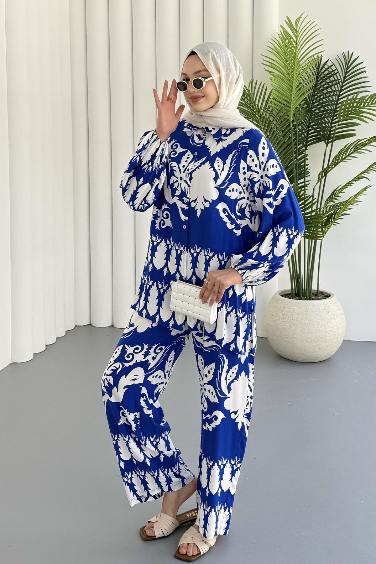 Etnik Desenli Viskon Kumaş Tesettür Takım-MAVİ