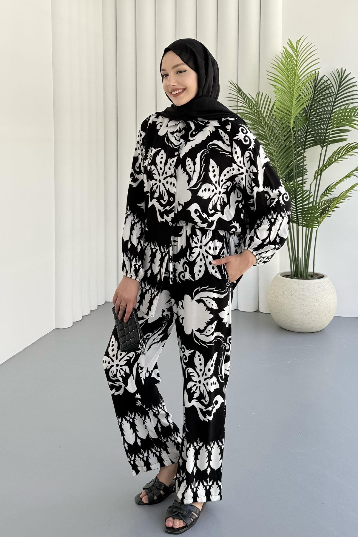 Etnik Desenli Viskon Kumaş Tesettür Takım-SİYAH