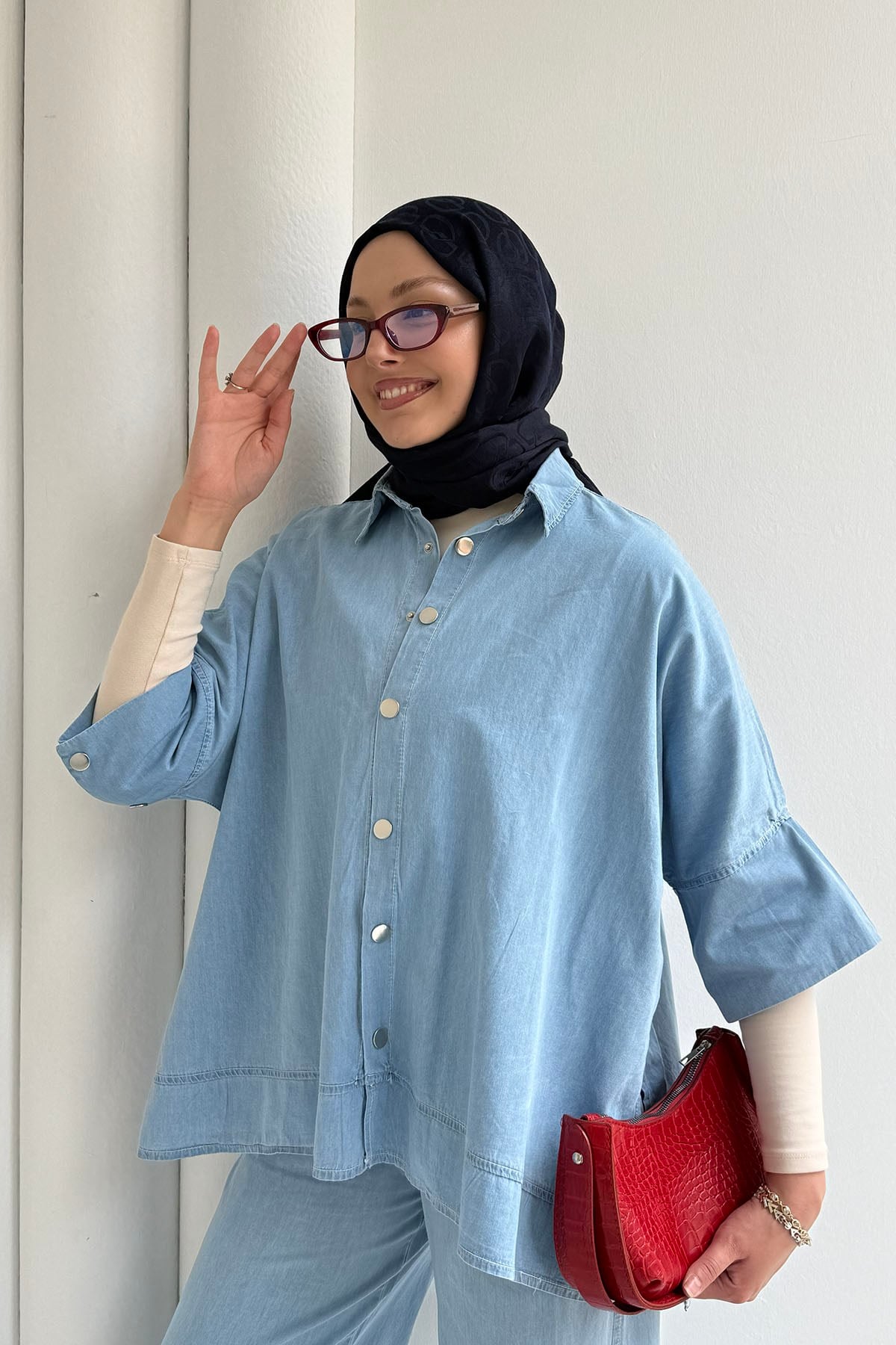 Fakir Kol Detaylı Denim Pantolonlu Tesettür Takım-AÇIK MAVİ