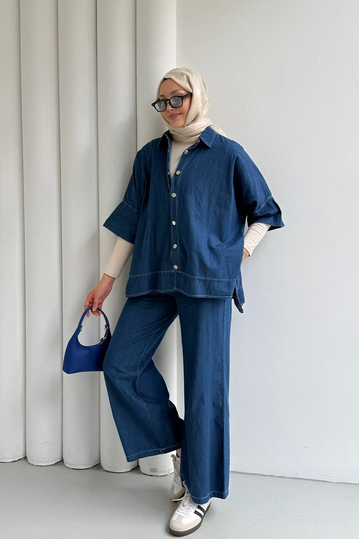 Fakir Kol Detaylı Denim Pantolonlu Tesettür Takım-KOYU MAVİ