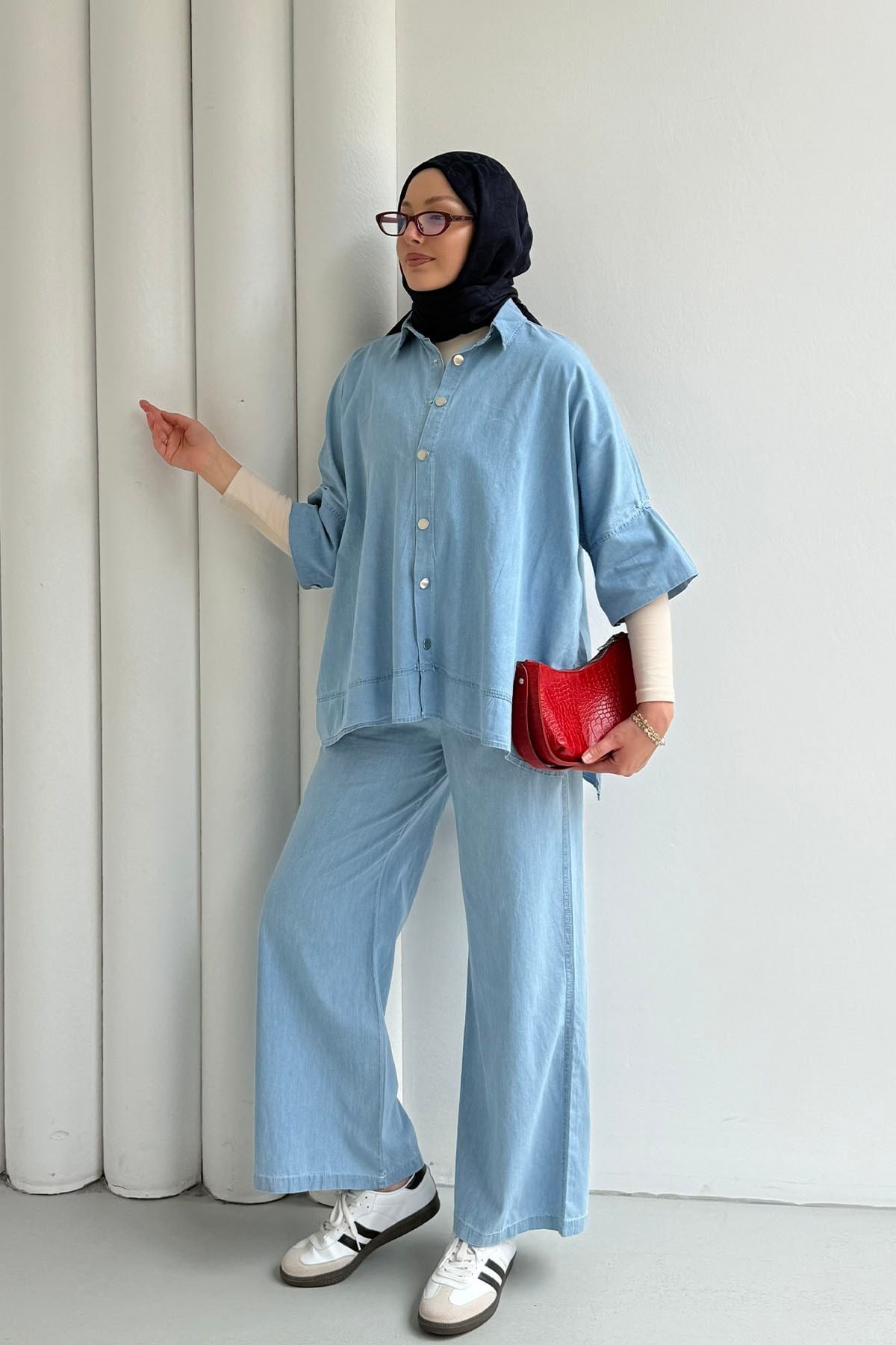 Fakir Kol Detaylı Denim Pantolonlu Tesettür Takım-AÇIK MAVİ