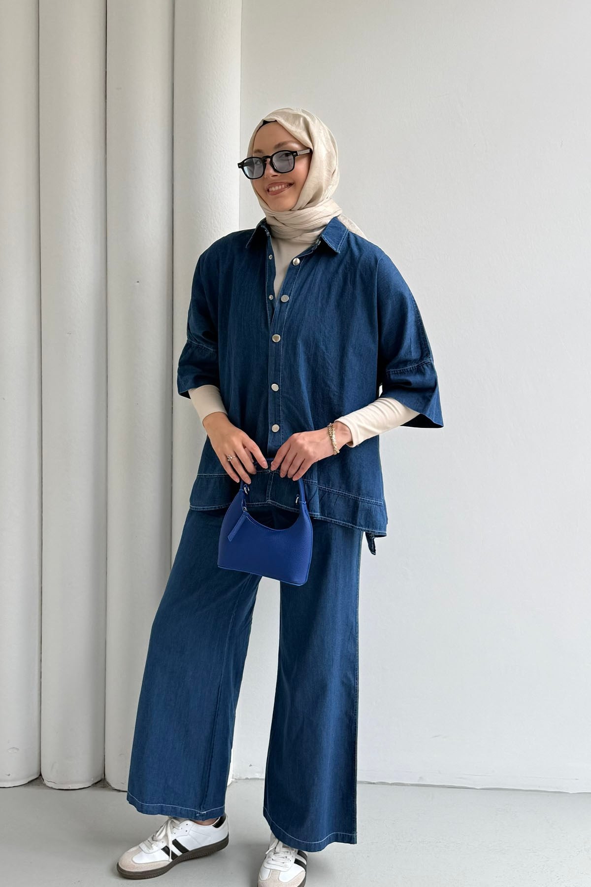 Fakir Kol Detaylı Denim Pantolonlu Tesettür Takım-KOYU MAVİ
