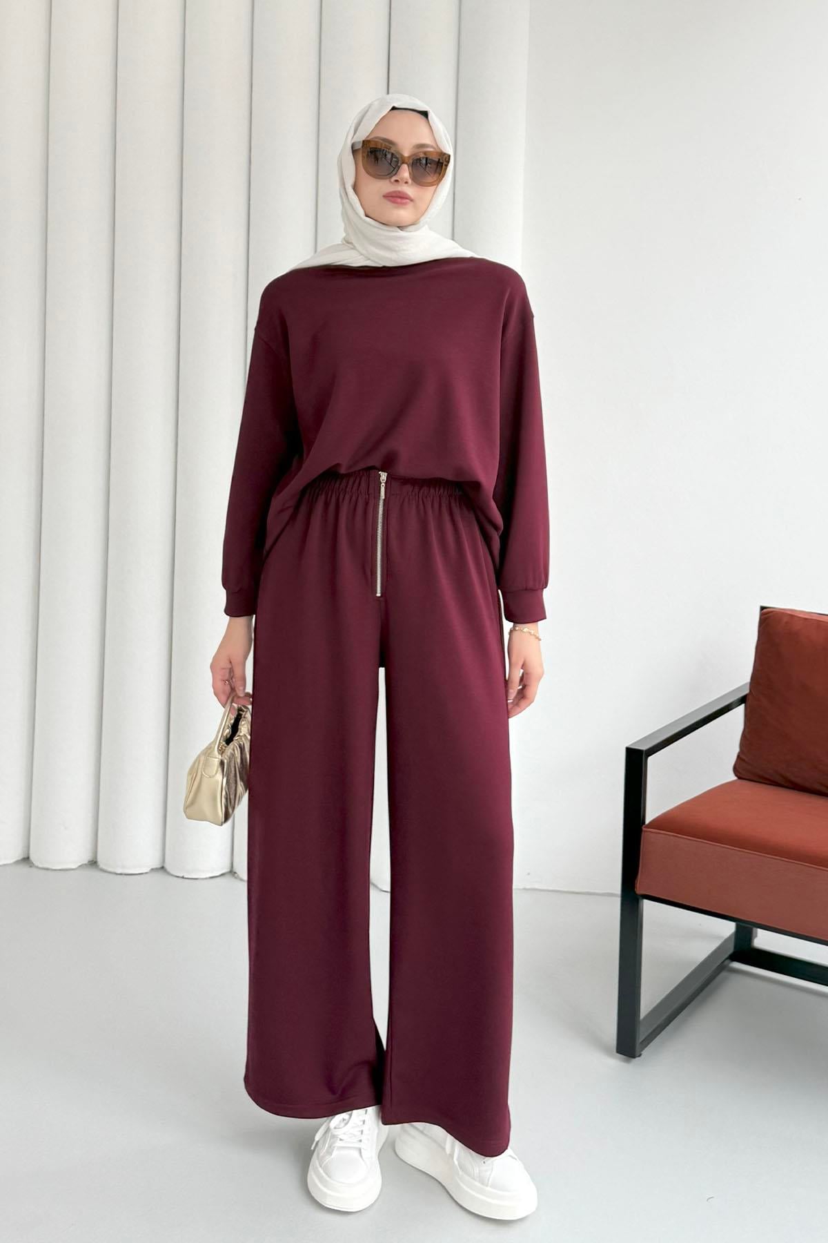 Fermuar Detaylı Pantolonlu Tesettür Takım-BORDO
